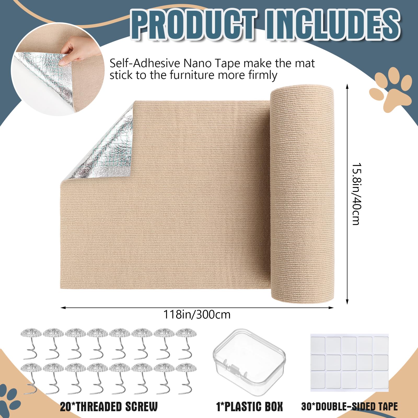 Abbylike 2 protectores de muebles para gatos de 118 x 15.8 pulgadas, autoadhesivo, recortable, protector de sofá, tapete rascador para gatos, tapete antiarañazos, tapete de repuesto para torres (caqui