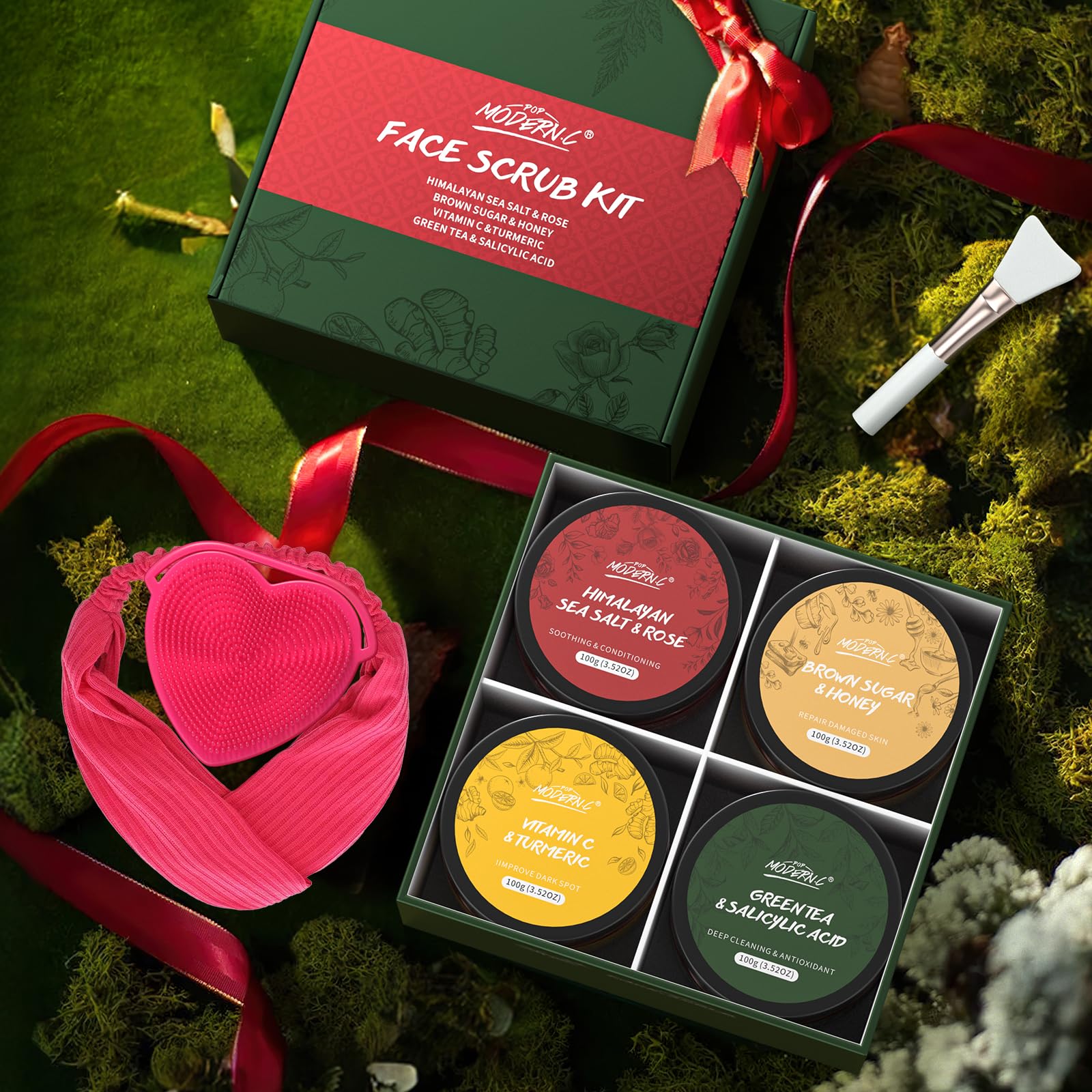 Set de Regalo de Exfoliante Facial, Limpiador Facial Exfoliante, Cúrcuma, Vitamina C, Azúcar Morena, Miel, Té Verde, Ácido Salicílico, Sal del Himalaya, Rosa, Regalo de Cumpleaños y Navidad, 4×100g