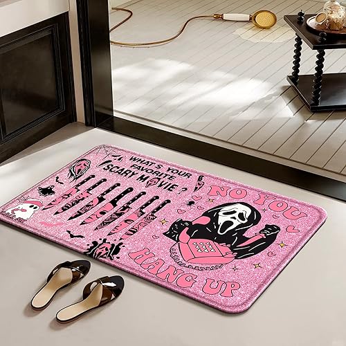 Miniatura 5 de KAIRA Juego de 4 cortinas de ducha de terror rosa con alfombras, divertida decoración de baño espeluznante, juego de baño impermeable para Halloween