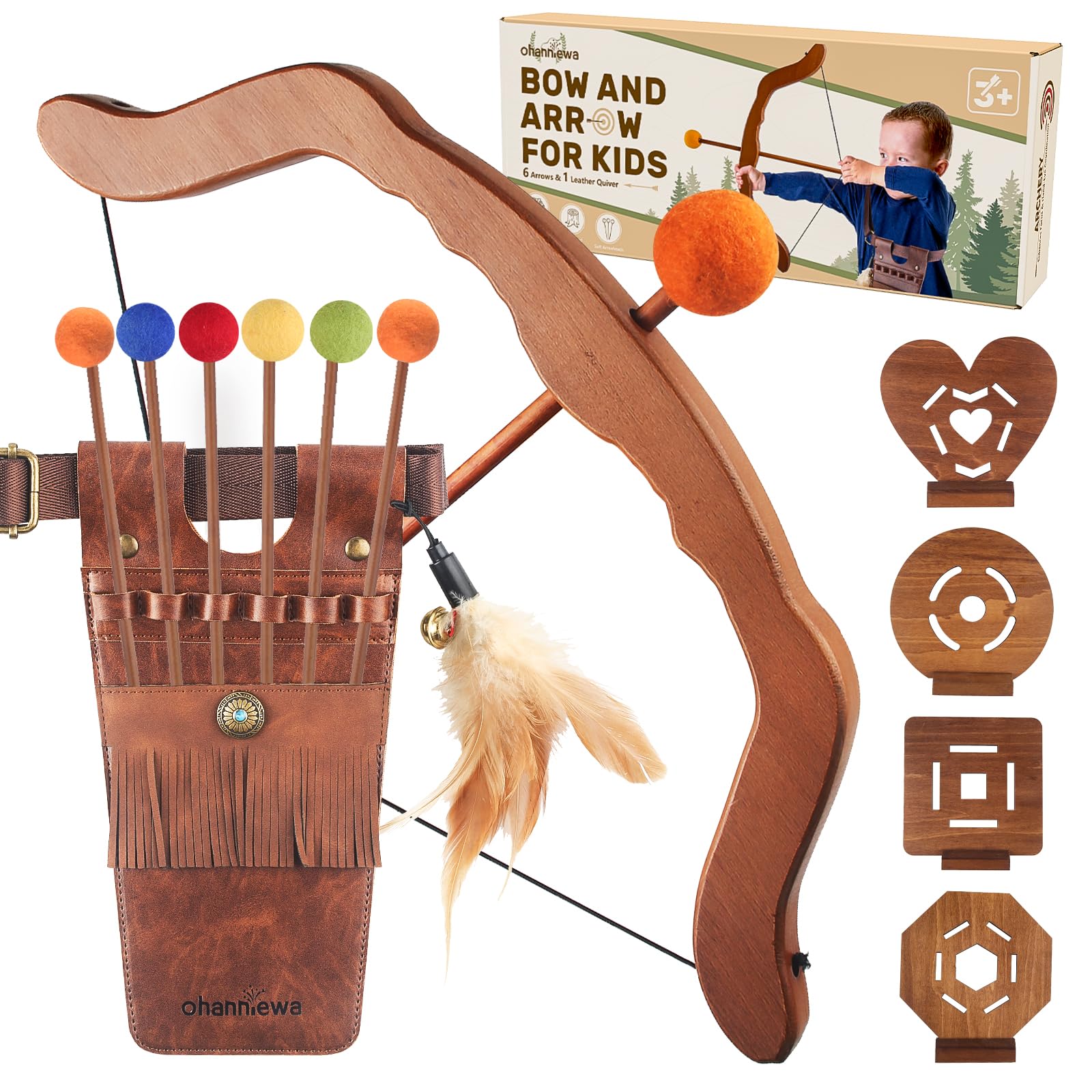 Ohanniewa Bow and Arrow for Kids Wooden Archery Toy for Aged 3+, Archery Set with 6 Arrows,Targets and Quiver, Indoor and Outdoor Toys for Children Boys & Girls