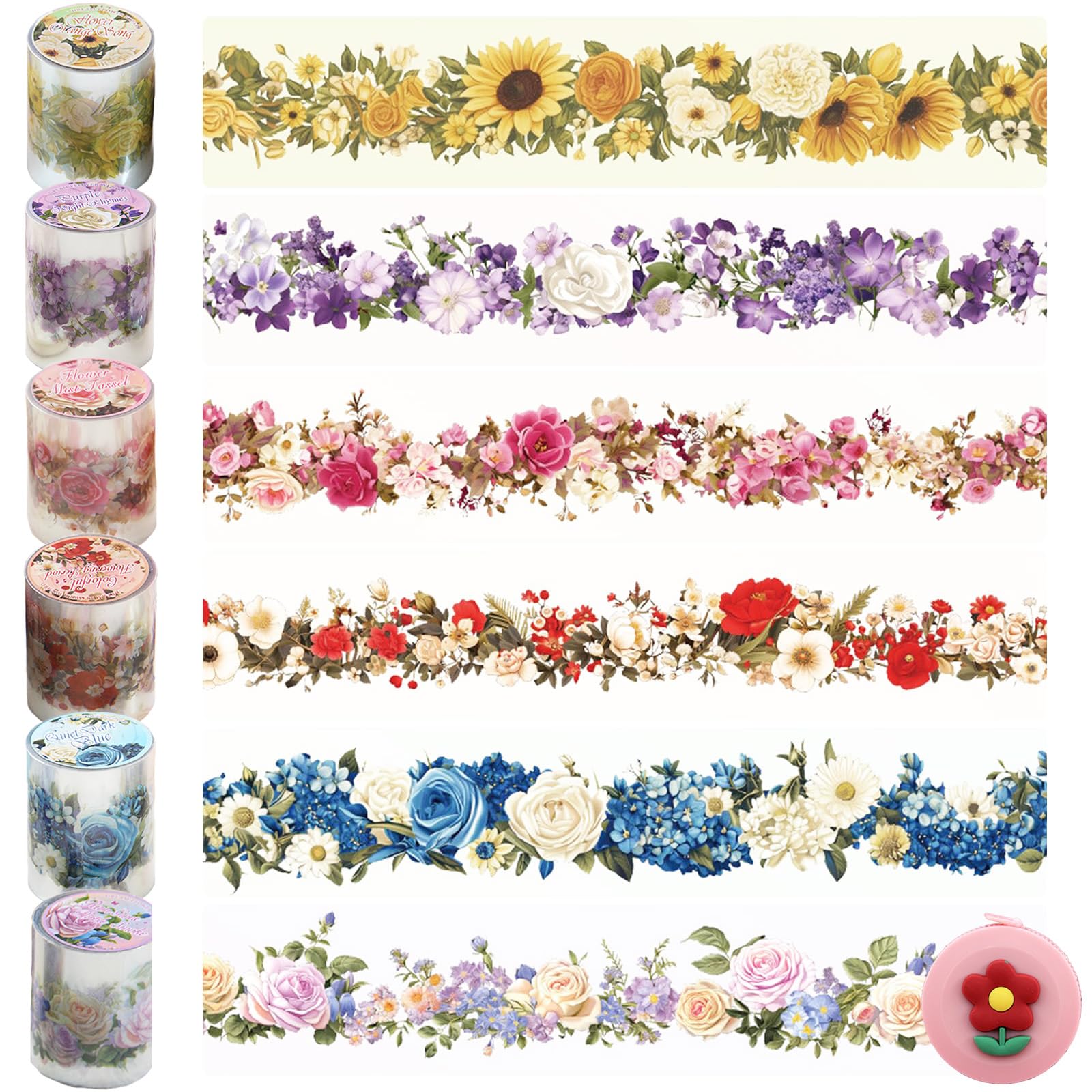 LHLZNB 7PCS Floral Washi Tape Set, 6 Rolls Flower Sticker Tape 2m x 5cm with 1 Flower Tape Measure 1.5m for DIY Scrapbook Bullet Journal Gift