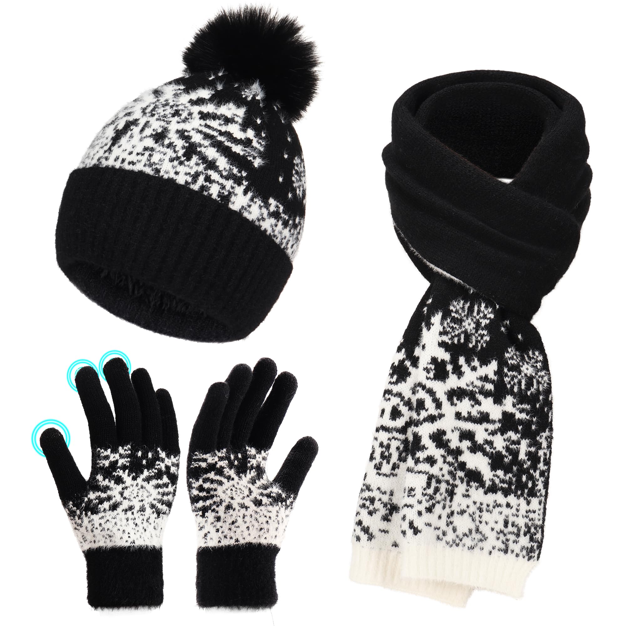 Geebuzz Women's Black Winter Hat Scarf Gloves Set For Fleece Lined Knit Beanie Hat With Pom Pom Touchscreen Gloves Long Scarf (Black)