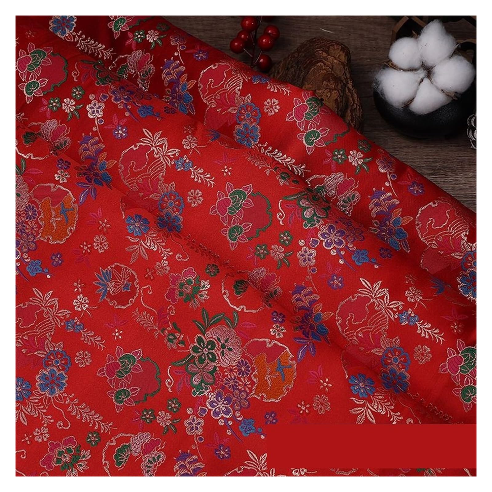 Tkanina żakardowa z brokatem poliestrowym | Wielokolorowy 100cmx150cm: Cheongsam, saszetka, szycie DIY(Red Flower)