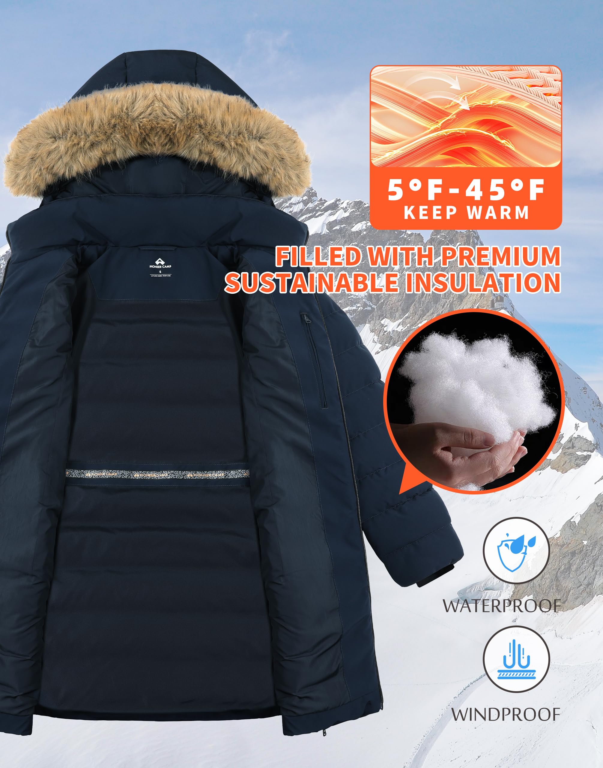 Pioneer Camp Cappotto invernale da donna, lungo, caldo, trapuntato, impermeabile, invernale, con colletto in pelliccia sintetica rimovibile