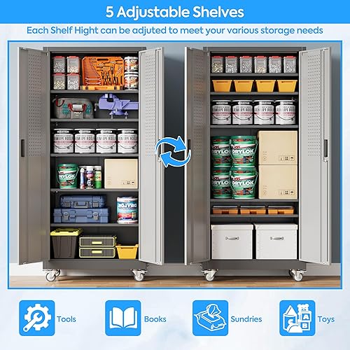 Miniatura 6 de Armario de almacenamiento de metal de 72 pulgadas de alto con ruedas, armario de almacenamiento de herramientas rodante con tablero de clavijas y 4