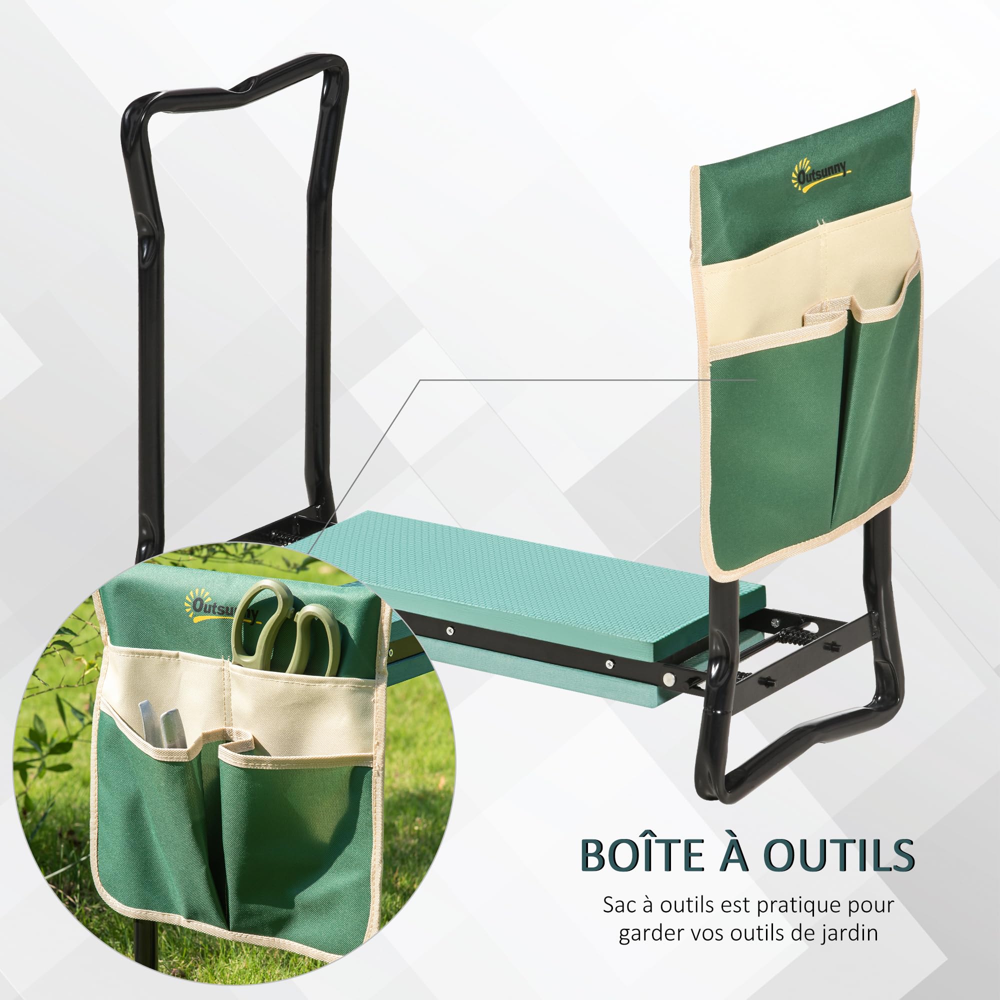 Outsunny Tabouret de Jardin Pliable agenouilloir de Jardin siège Jardinage avec Coussin Pochette Rangement Outils Vert