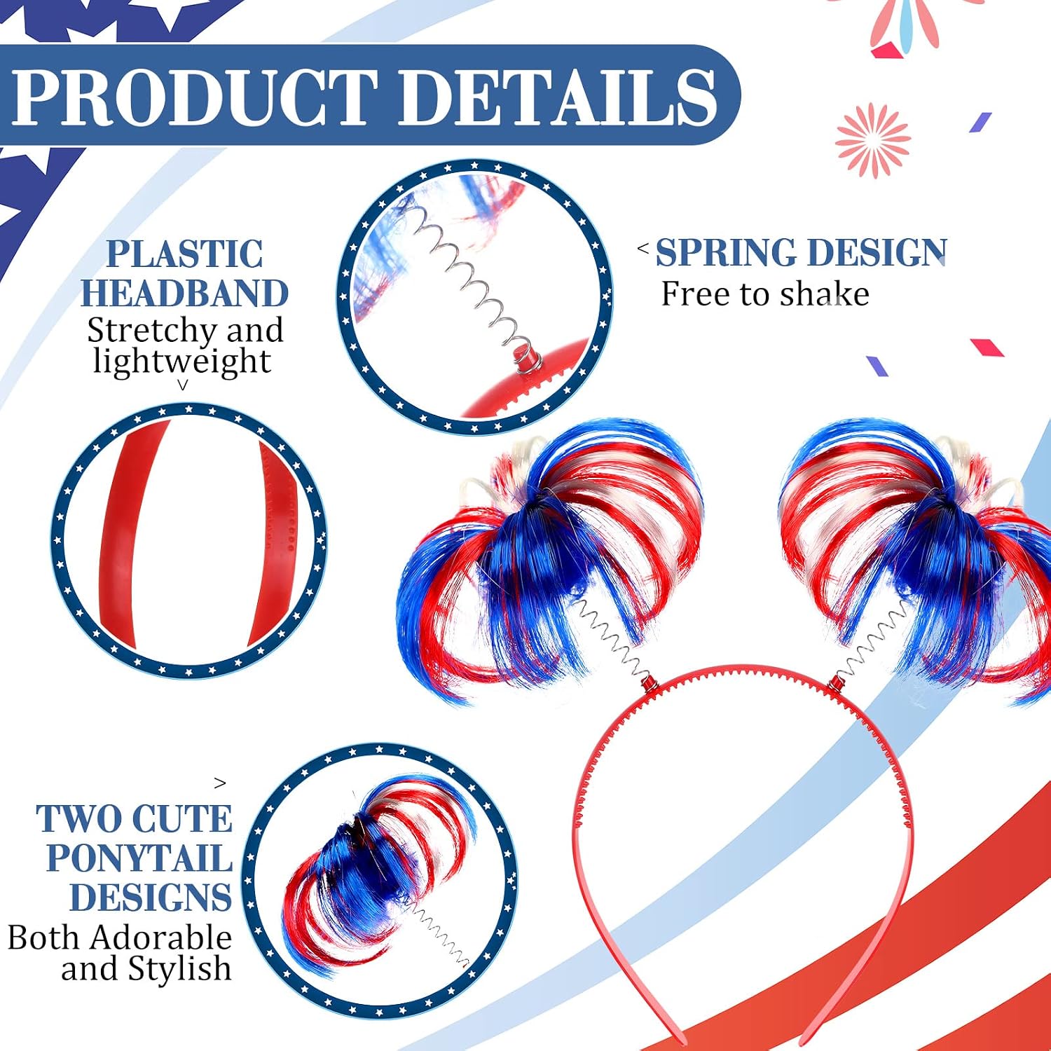 Jexine 12 Pieces Patriotic Head Boppers Headband 4th of July 250th Anniversary Party Favors Pom Pom Headbands Cheerleading Headbands Tinsel Wrapped Ponytails Headbopper Accessories for Women