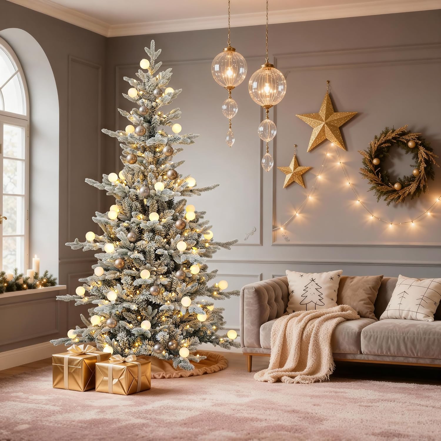 DWVO 7.5ft Prelit Flocked Aspen Fir Christmas Tree with Bulbs and Lights, Full Artificial Xmas Tree with 1734 Metal Hinged PE & PVC Flame Resistant Branches, 58 Bulbs and 350 Lights Remote Controlled