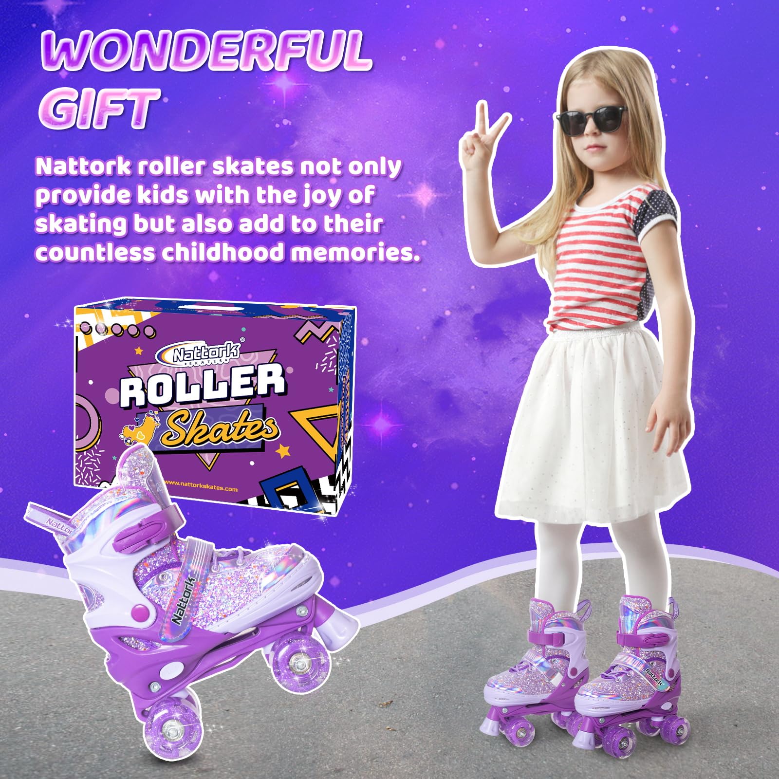 Nattork Kids Roller Skates for Girls Boys Kids, 4 Sizes Adjustable Fluorescent Quad Skates with Light up Wheels & Safety Protection - Cool Birthday Gift for Indoor Outdoor Sports