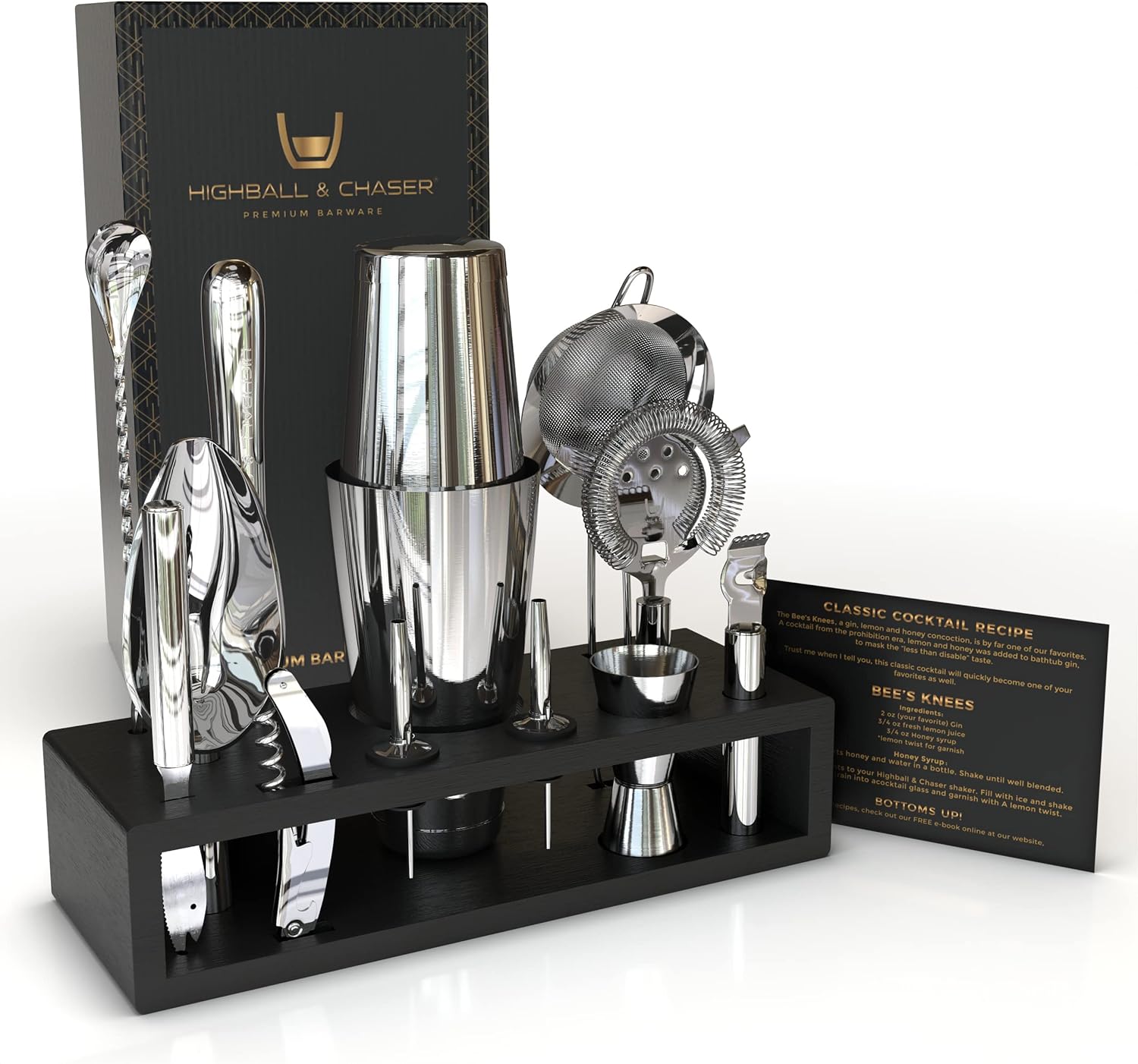 Highball & Chaser 13-Piece Boston Cocktail Shaker Set Stainless Steel Mixology Bartender Kit With Stand For Home Bar Cocktail Set | Laser Engraved Cocktail Tools | Plus E-Book with 30 Cocktail Recipes - Thumbnail 4