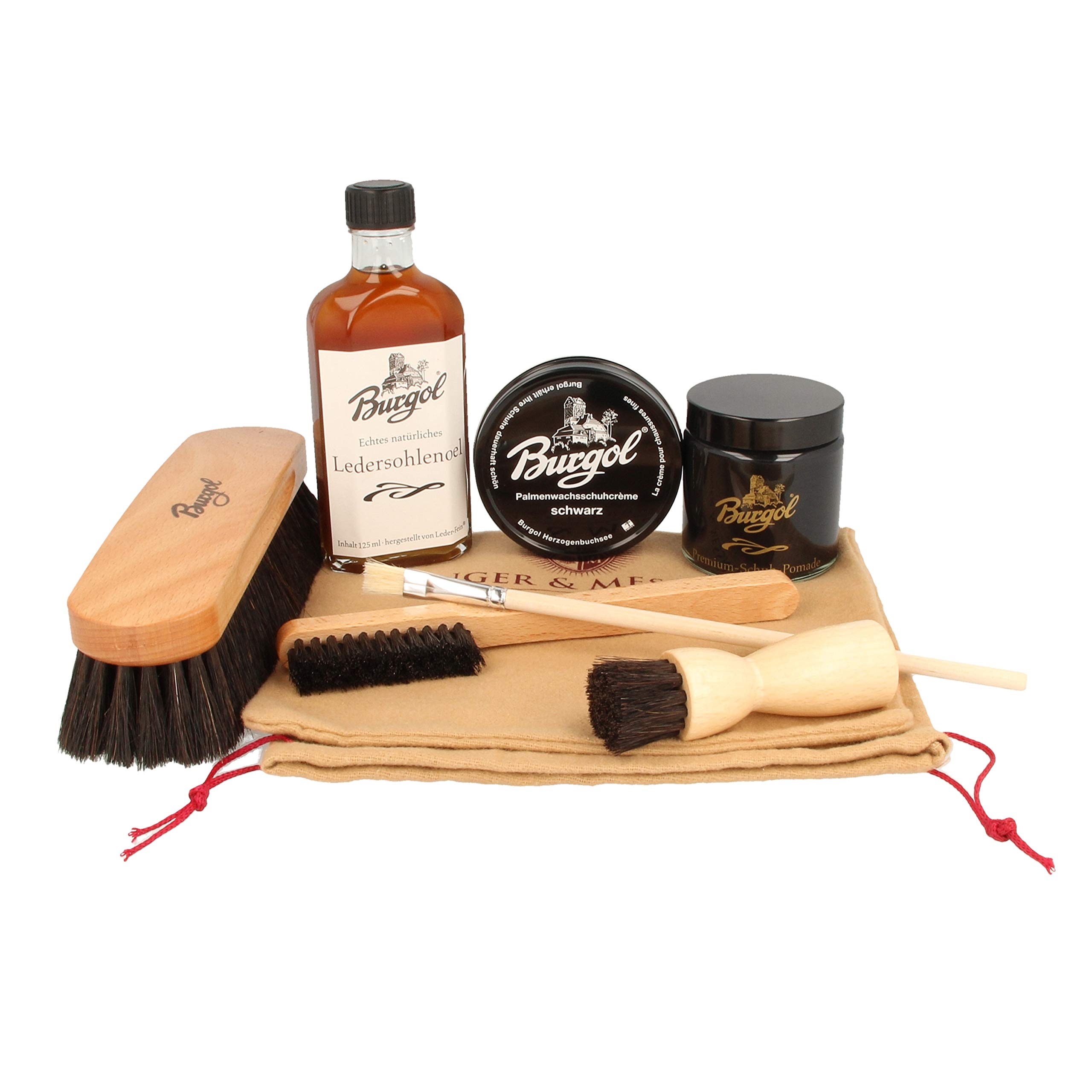 Schuhpflegeset für rahmengenähte Schuhe Schwarz mit Burgol- Bürsten- Ledersohlenöl-Pomade-Schuhwachs