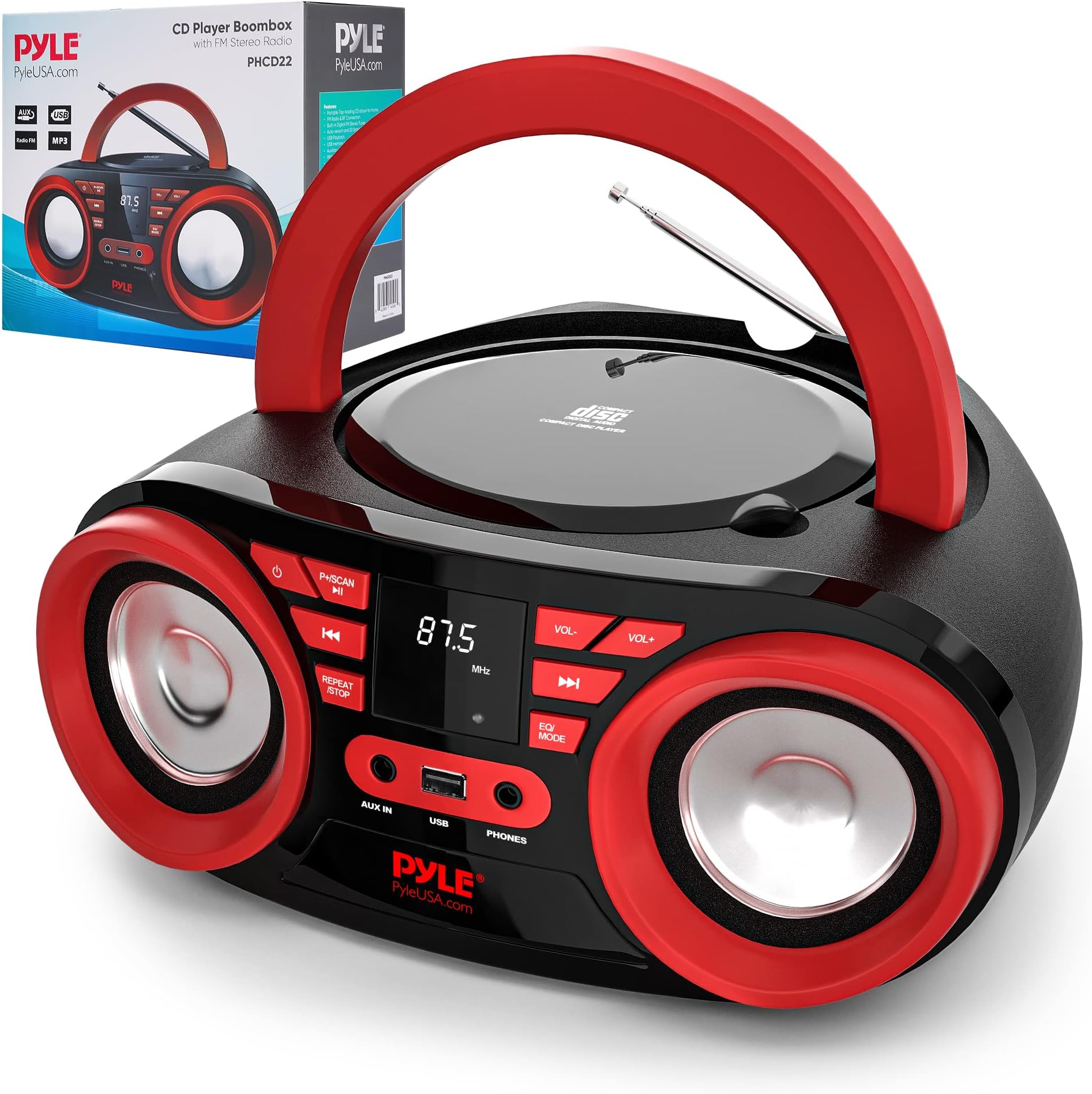 PYLE CD Player Portable, CD Players for Home, Portable CD Player, 50W Max Power, Bluetooth, USB, AUX, AM/FM Radio, Top-Loading, Includes AC/DC Power Cord, LED Display, 3+ Hr Battery Life