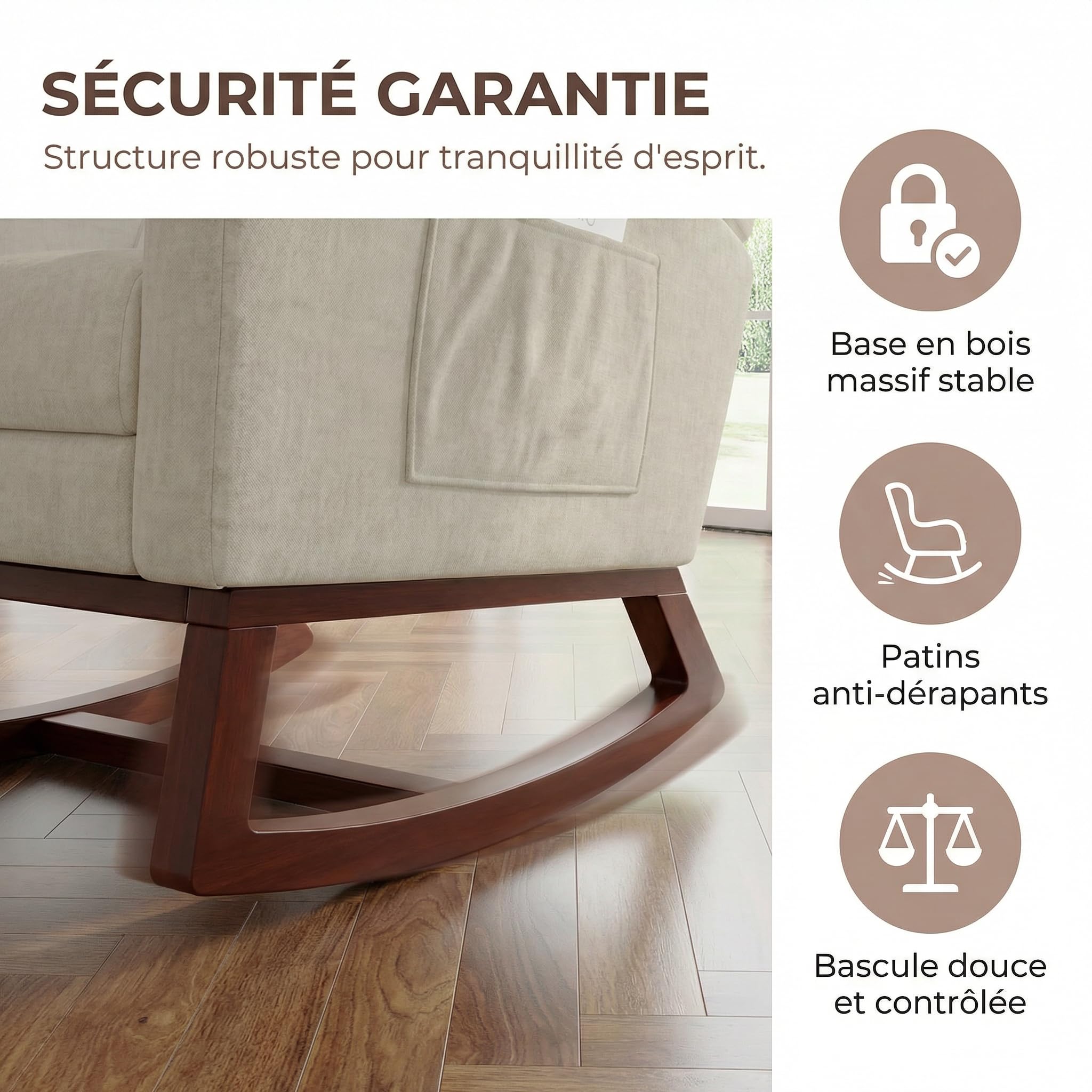 Fauteuil à Bascule, avec accoudoirs et Poches latérales, Chaise d'allaitement Ergonomique avec Coussins, Structure en Bois Massif, Chaise Longue pour Salon ou Chambre (Beige + Velours Givré)