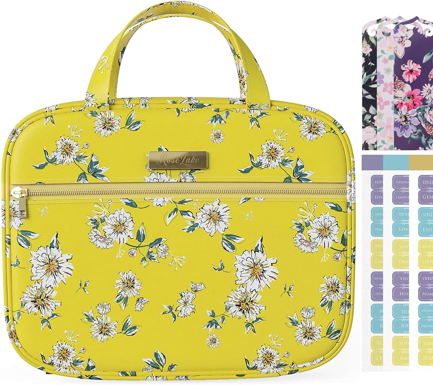 Bible Cover Bag/Book Cover Case Floral Synthetic Leather Pattern with Bible Tabs Bookmarks and Handle Fits for Standard Size Study Bible 10.2×2.5×7.5”, Gift for Mom Women Daughter (Yellow Cosmos)