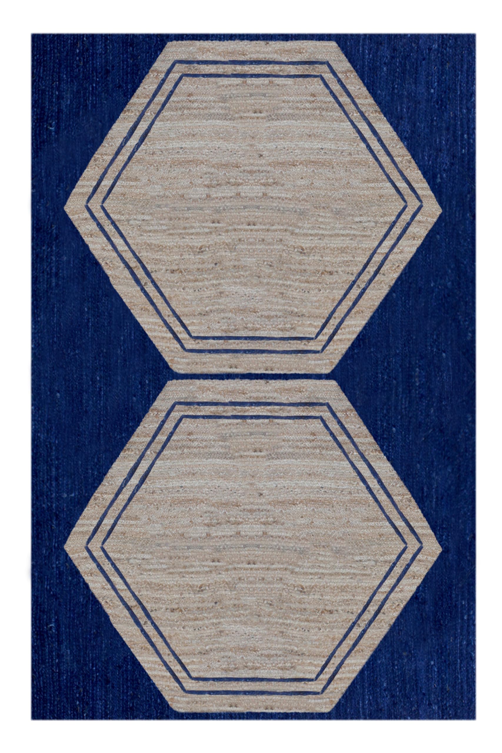 Tapis de sol carré en jute tressé main beige bleu style Kilim