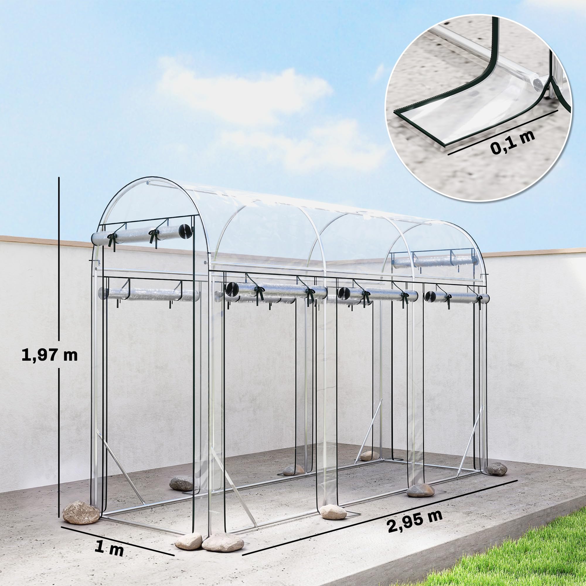 Outsunny Serra Tunnel da giardino, 3 m², con telaio in acciaio zincato, 8 porte rotanti, serra da giardino, tunnel per esterni, per tutte le stagioni, 295 x 100 x 197 cm, trasparente