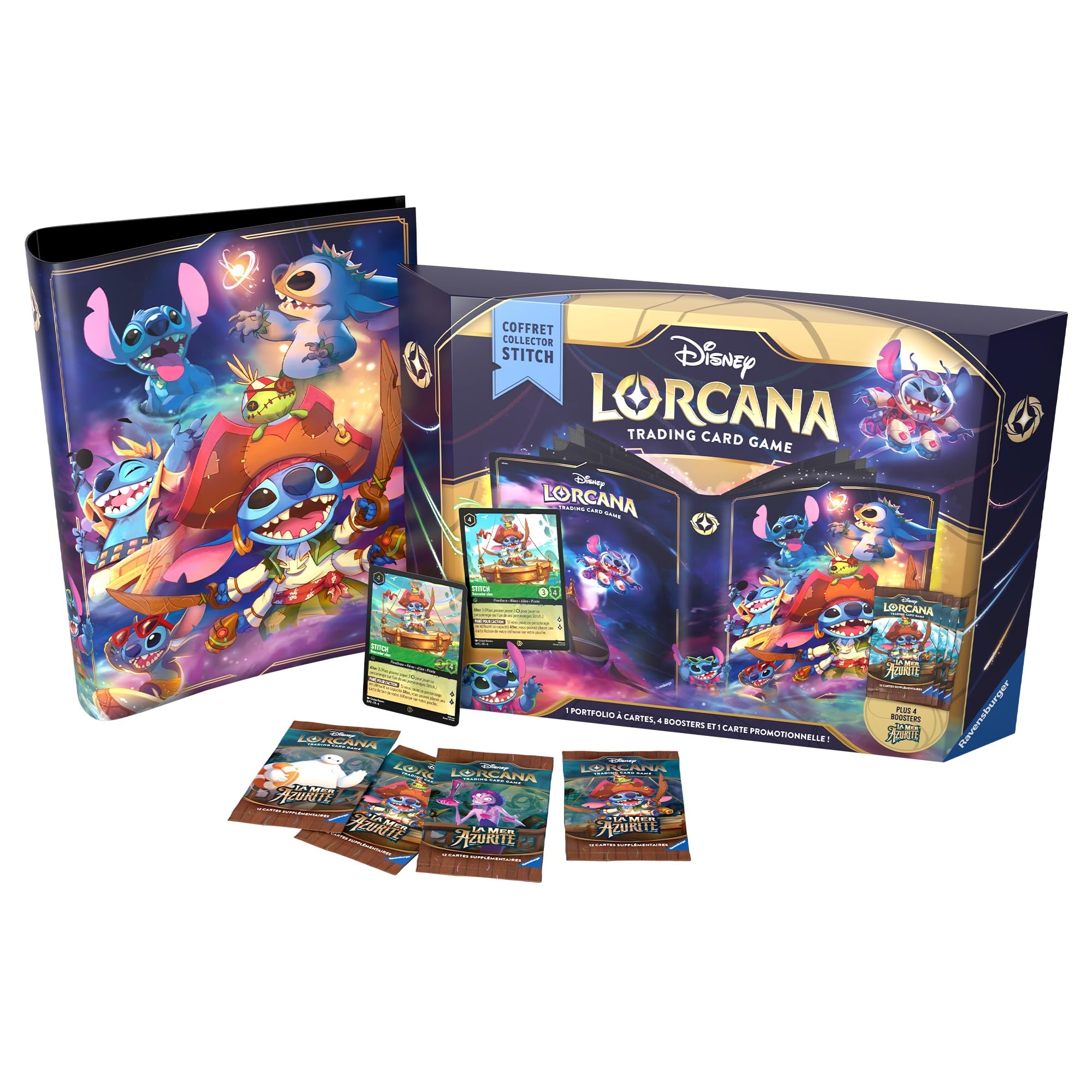 Ravensburger - Disney Lorcana TCG - Set 6 La Mer Azurite - Coffret Cadeau Collector - Carte Stitch brilante - 4 boosters de 12 Cartes aléatoires - Portfolio - Version française