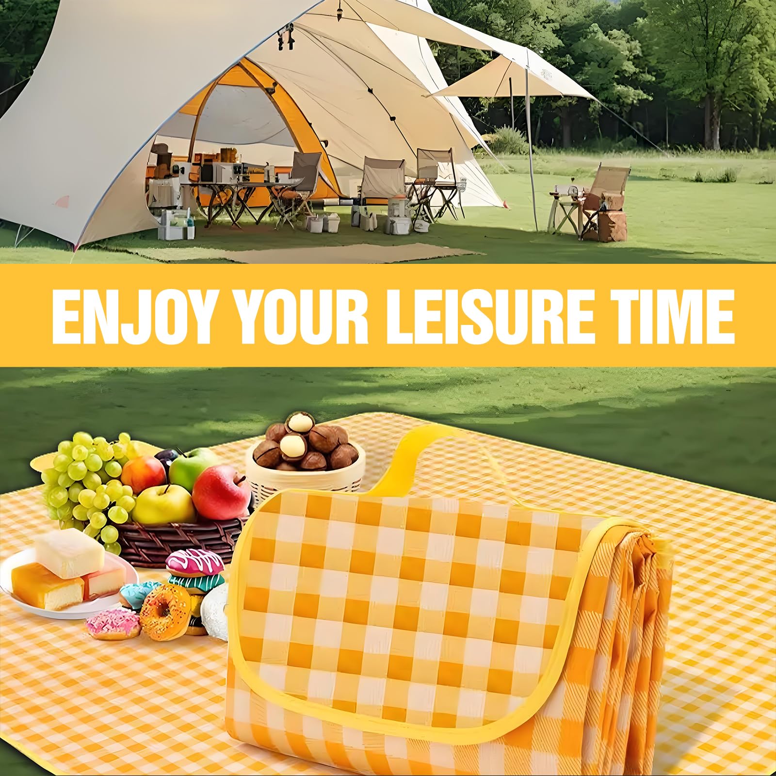 300cm*200cm Coperta picnic impermeabile，Stuoia Campeggio，Portatile Tappetino da Spiaggia Pieghevole,Coperta da Picnic con Manici per Campeggio All'aperto,Viaggi,Parchi，Spiaggia, Prato (Giallo)