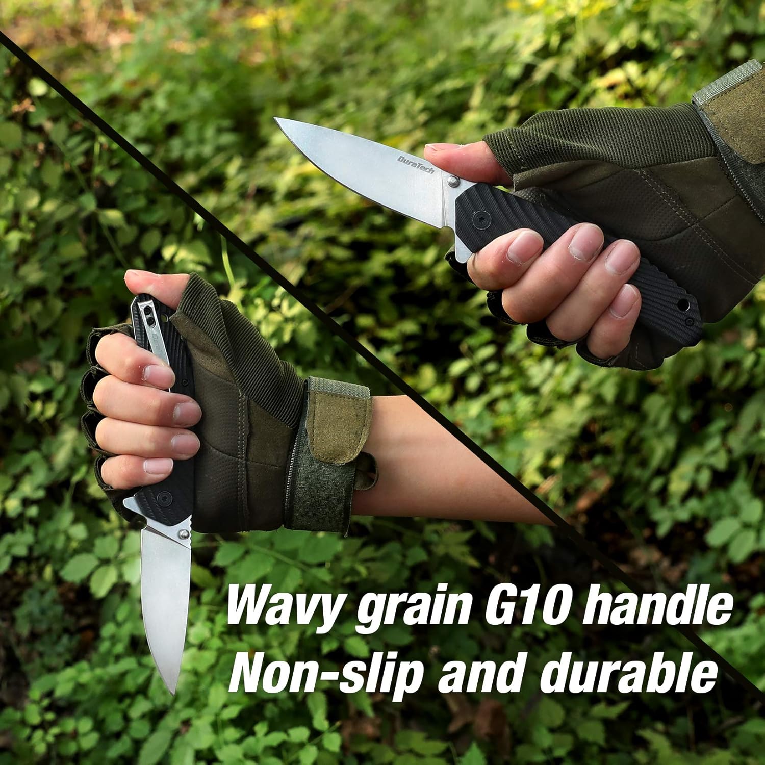 DURATECH Folding Pocket Knife, 3-1/4" Satin 8CR13MOV Blade, Black Wavy Grain G10 Handle with Liner Lock Knife For EDC