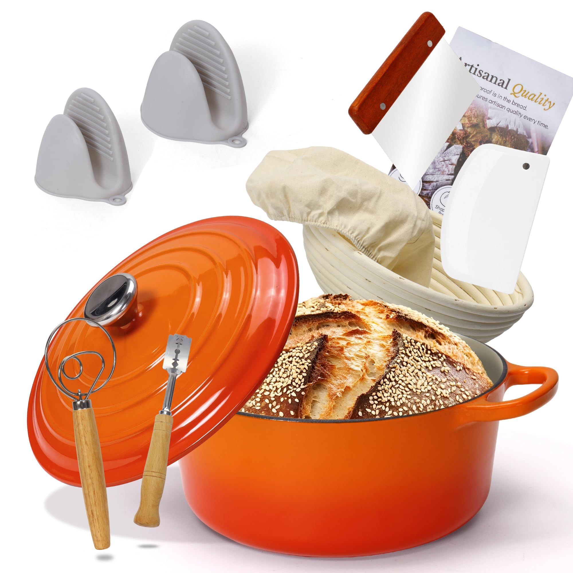 LEADKooKers 5QT Enameled Cast Iron Bread Oven with Proofing Basket for Bread Baking, Bread Making Supplies Tools,Heavy-Duty Cookware for Braising, Stews, Roasting, Bread Baking (Orange)