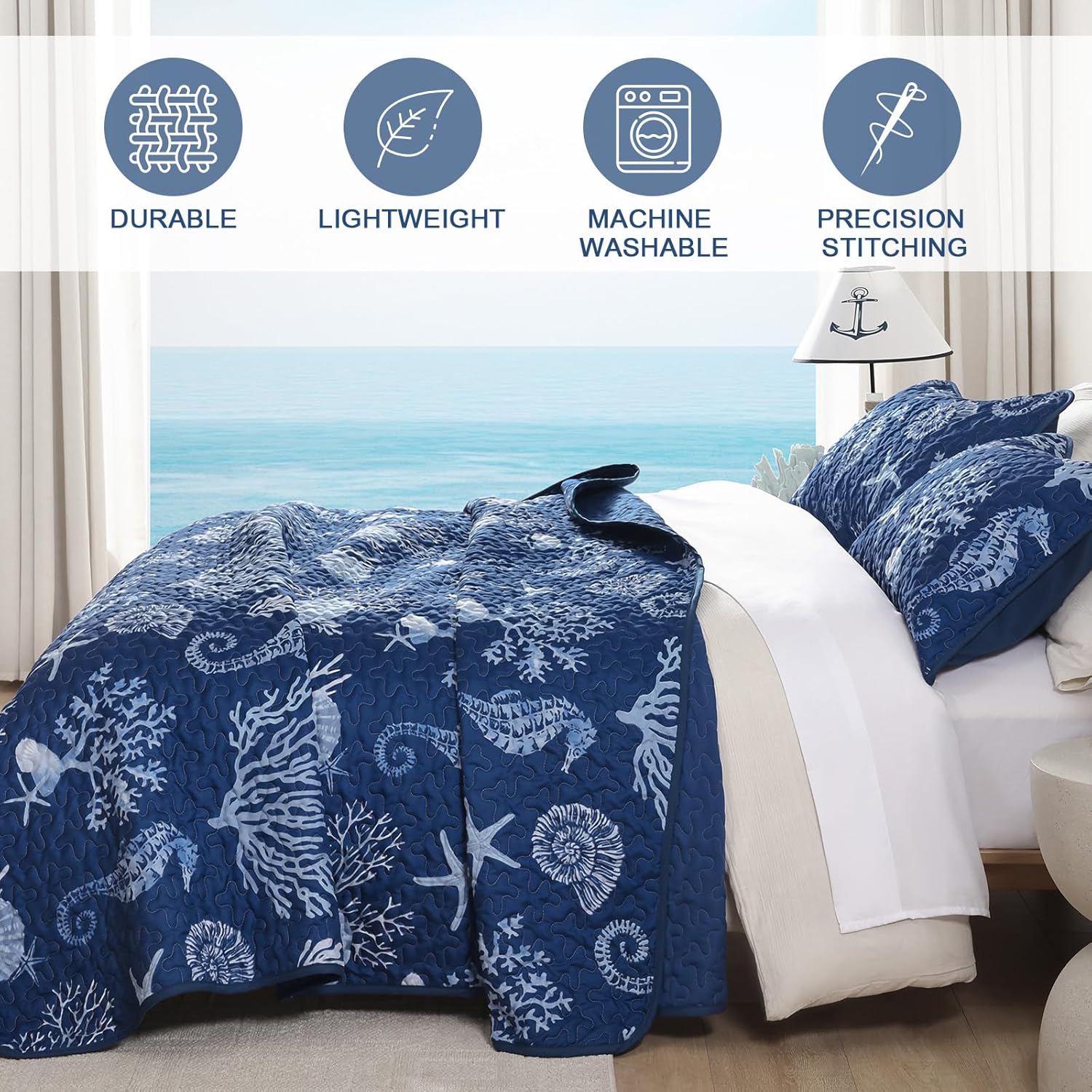 Coastal Quilt Set Queen Size 3 Piece, Summer Beach Blue Theme Quilts with Pillowcases Microfiber Ocean Bedding Set Nautical Bedspreads Coverlet Lightweight Comforter for All Season - Image 4
