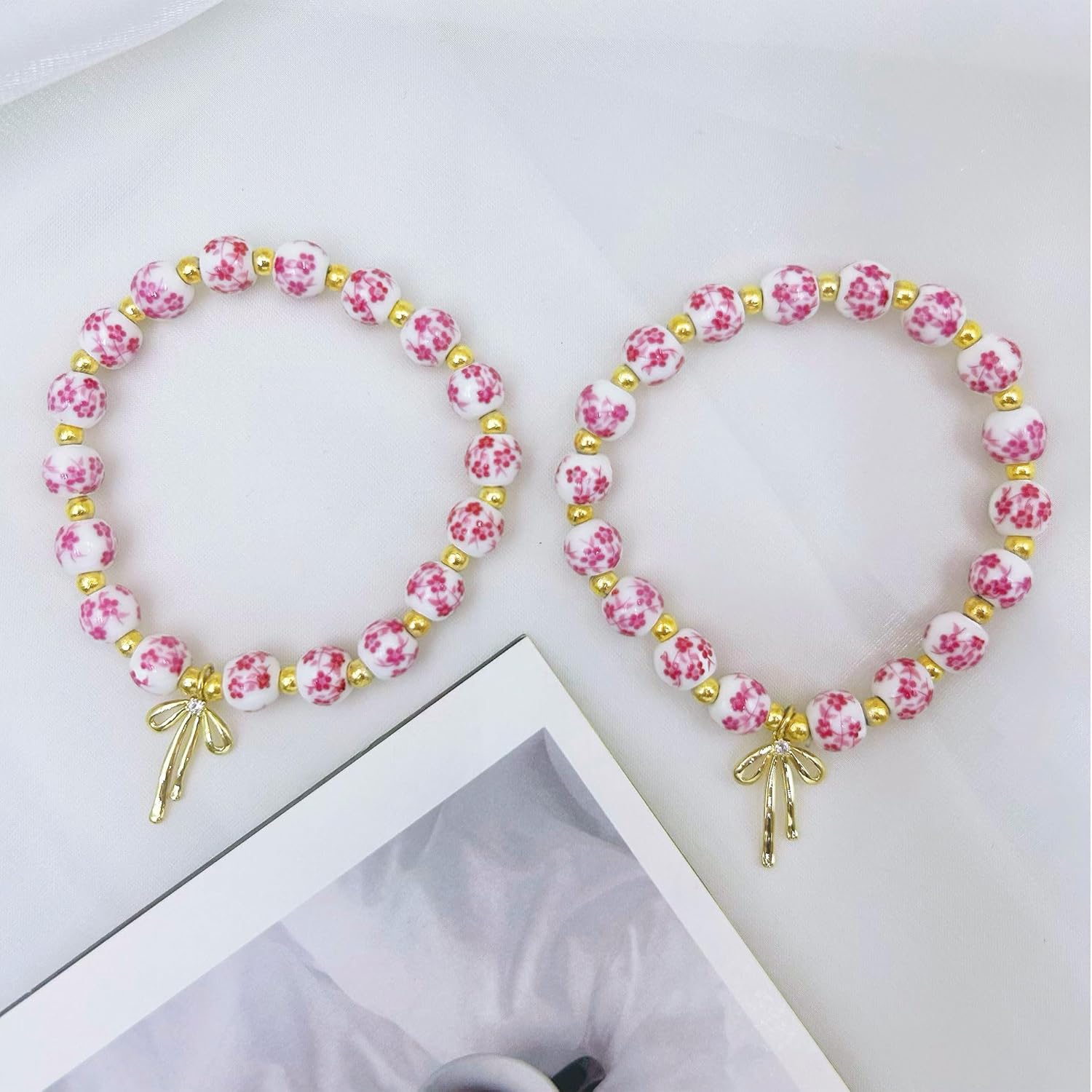 Choistily Bow Charm Beaded Bracelet for Women Vintage Flower Bracelet Handmade Stretch Beads Bracelet - Image 7