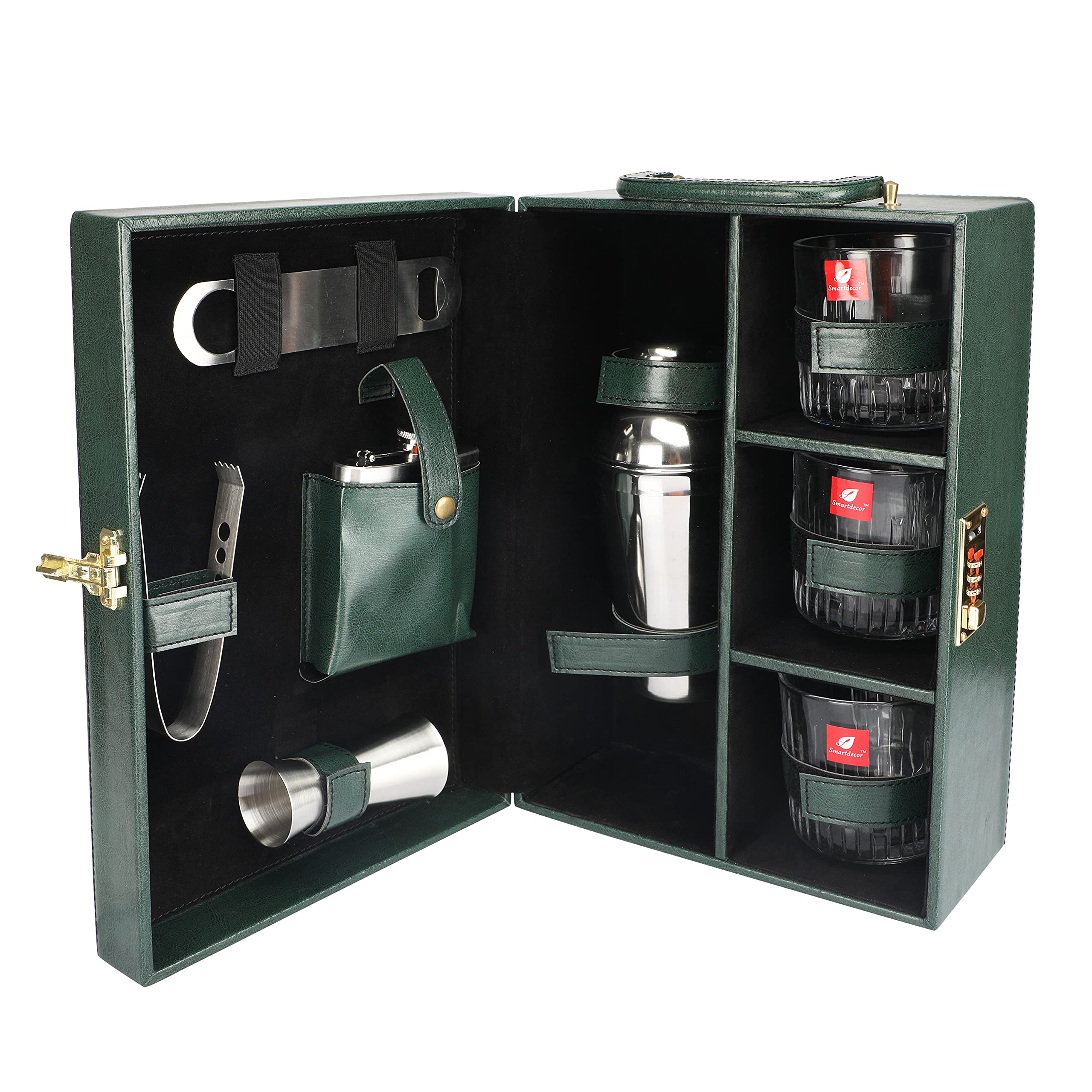 Premium Bar Set with Whiskey Glasses | Portable Leatherette Bar Set | Bar Set for Picnic | Bar Set for Travel | Bar Set for car - Green-image-18
