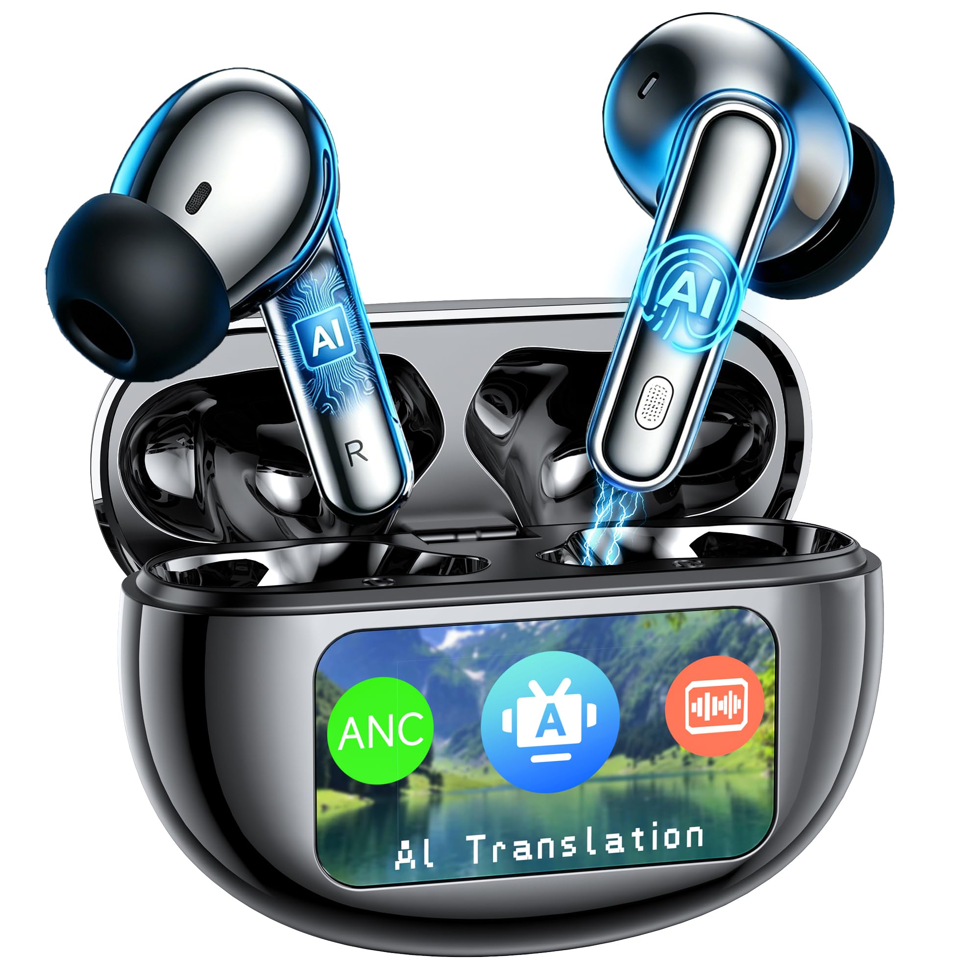 AI Translation Earbuds Real Time,199+ Language Translator Earbuds,Bluetooth 6.1 Audifonos Traductores Inglés Español,4 ANC Mic Translating Device,Translate Ear Buds for Travel Learning with LCD Touch