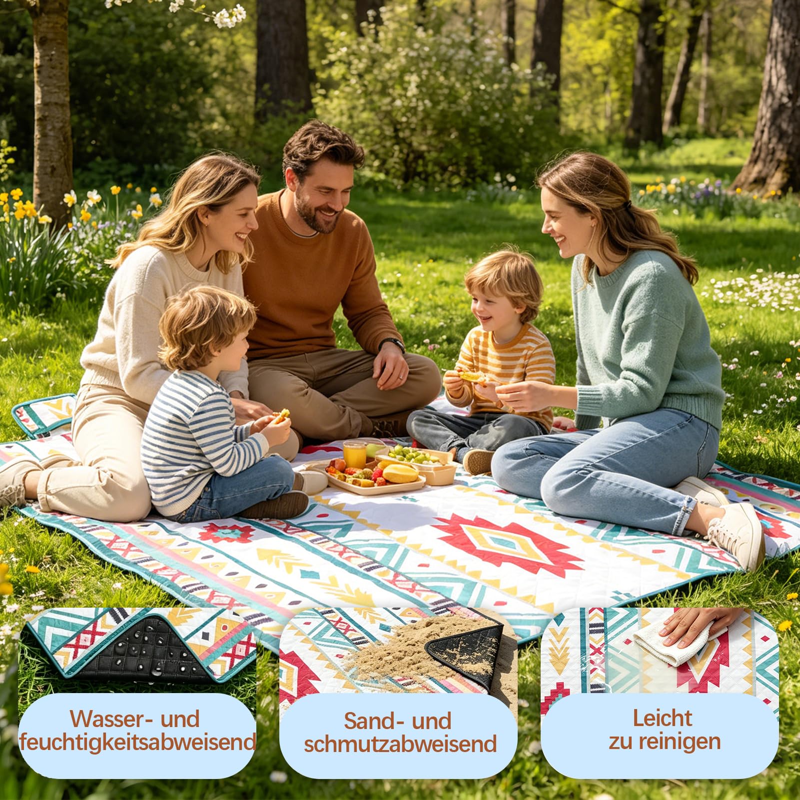 Couverture de pique-nique 200 x 200 cm – Couverture de plage XXL, imperméable et isolée, respirante et douce, tapis de pique-nique et tapis de plage pour camping, plage et pique-nique
