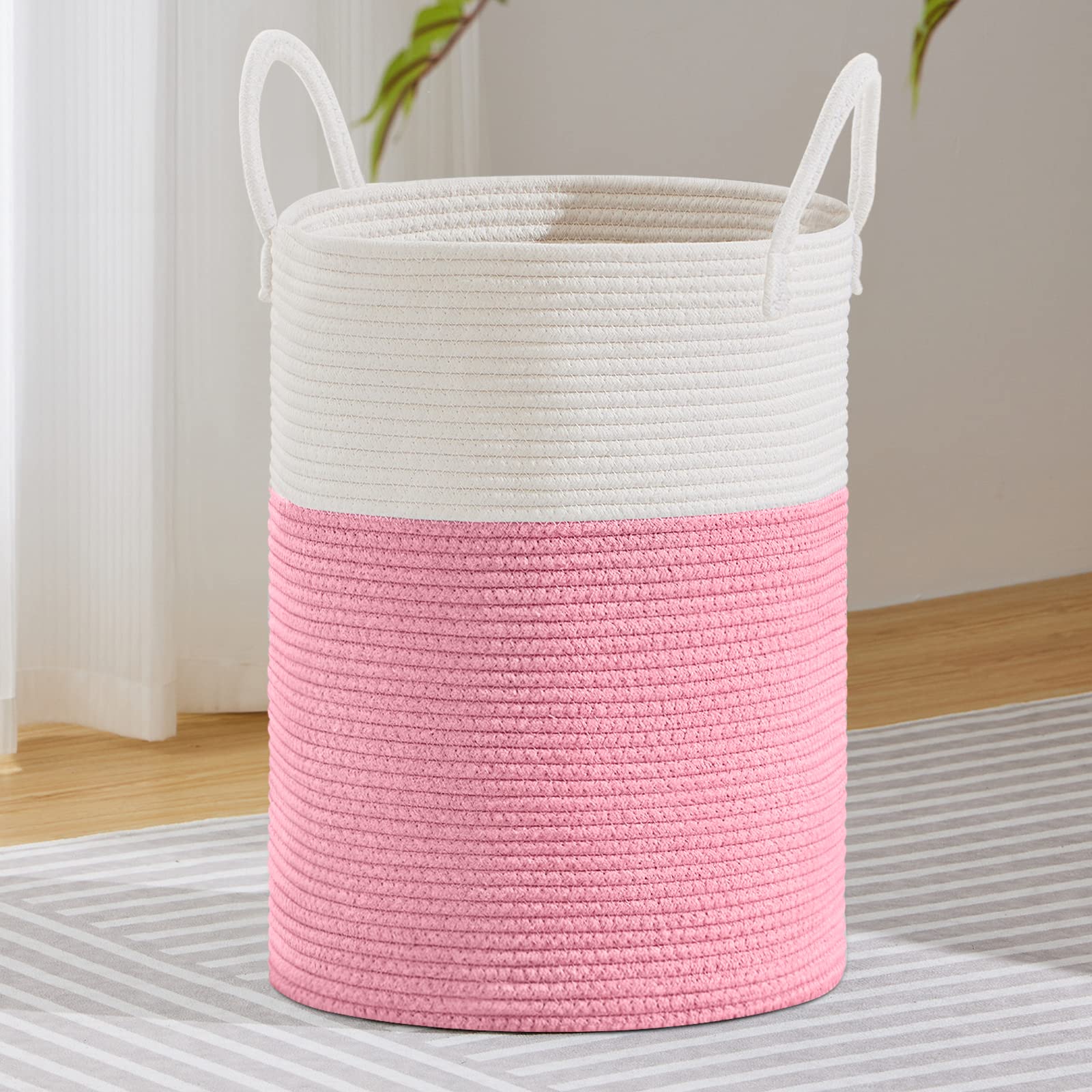Viposco Grande cesto portabiancheria alto in corda intrecciata per coperte, giocattoli, vestiti sporchi in soggiorno, bagno, camera da letto, 100 l, rosa e bianco