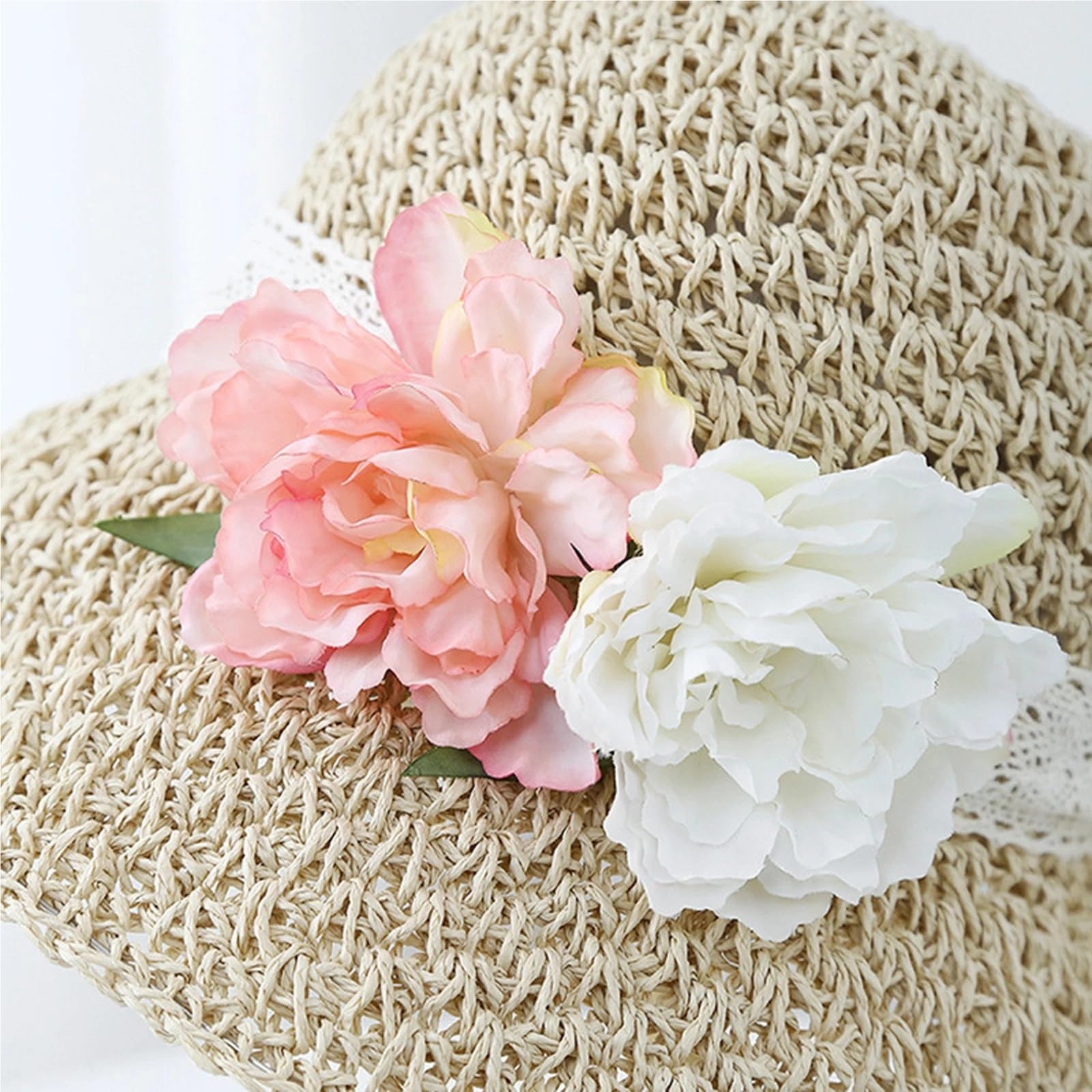 Sombrero de paja for mujer con flores artificiales, gorra sol ala ancha, sombrero bombín moda for verano, playa, viajes al aire libre para Hombres y Mujeres