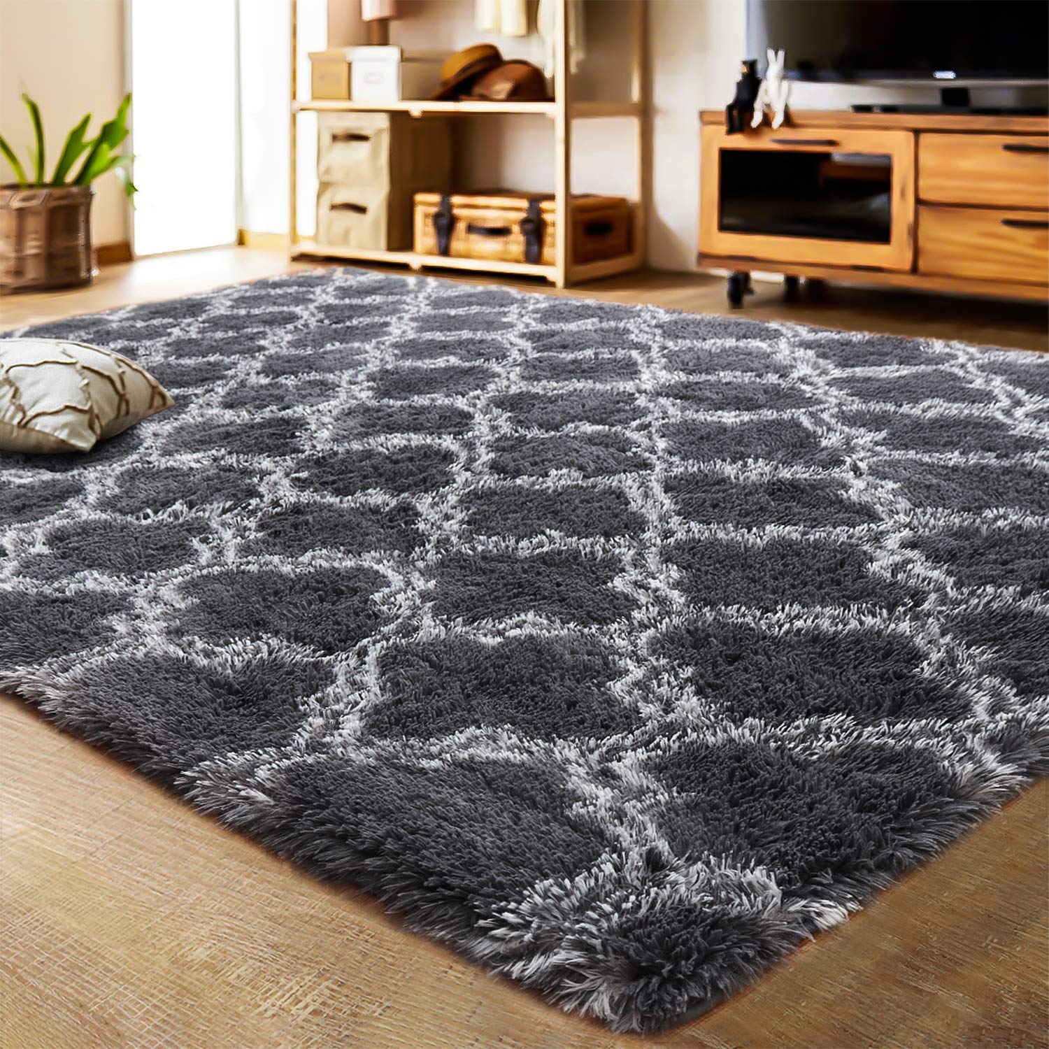 LOCHAS Luxury Shag Area Rug Runner Modern Indoor Plush Fluffy Rugs, Extra Soft and Comfy Carpet, Geometric Moroccan Rugs for Bedroom Living Room Girls Kids Nursery, 8x10 Feet Dark Grey/White