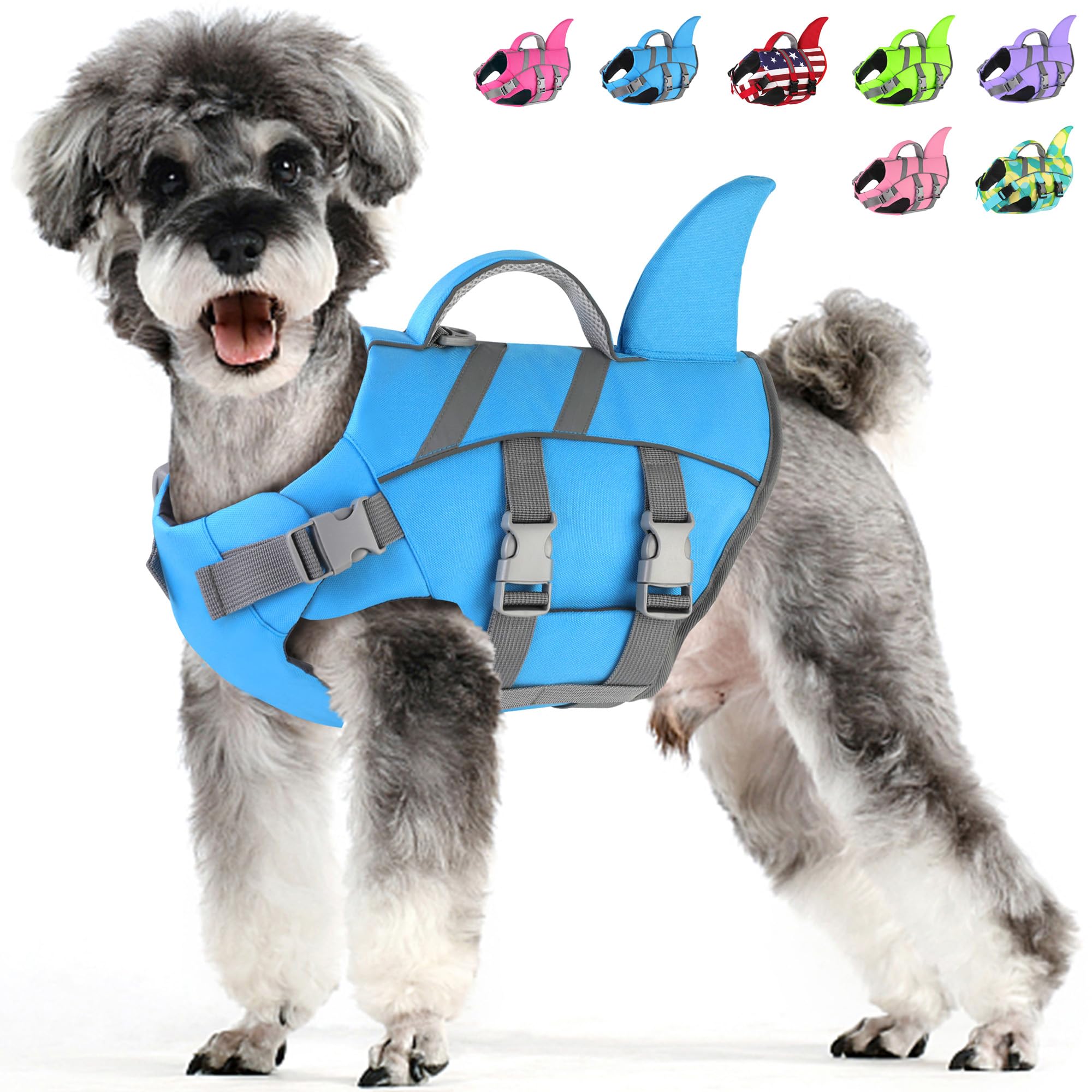 Dogcheer Dog Harness-Style Life Jacket Shark, Reflective Dog Life Vest for Swimming Boating, Adjustable Puppy Swim Vest, Pet Floating Device for Small