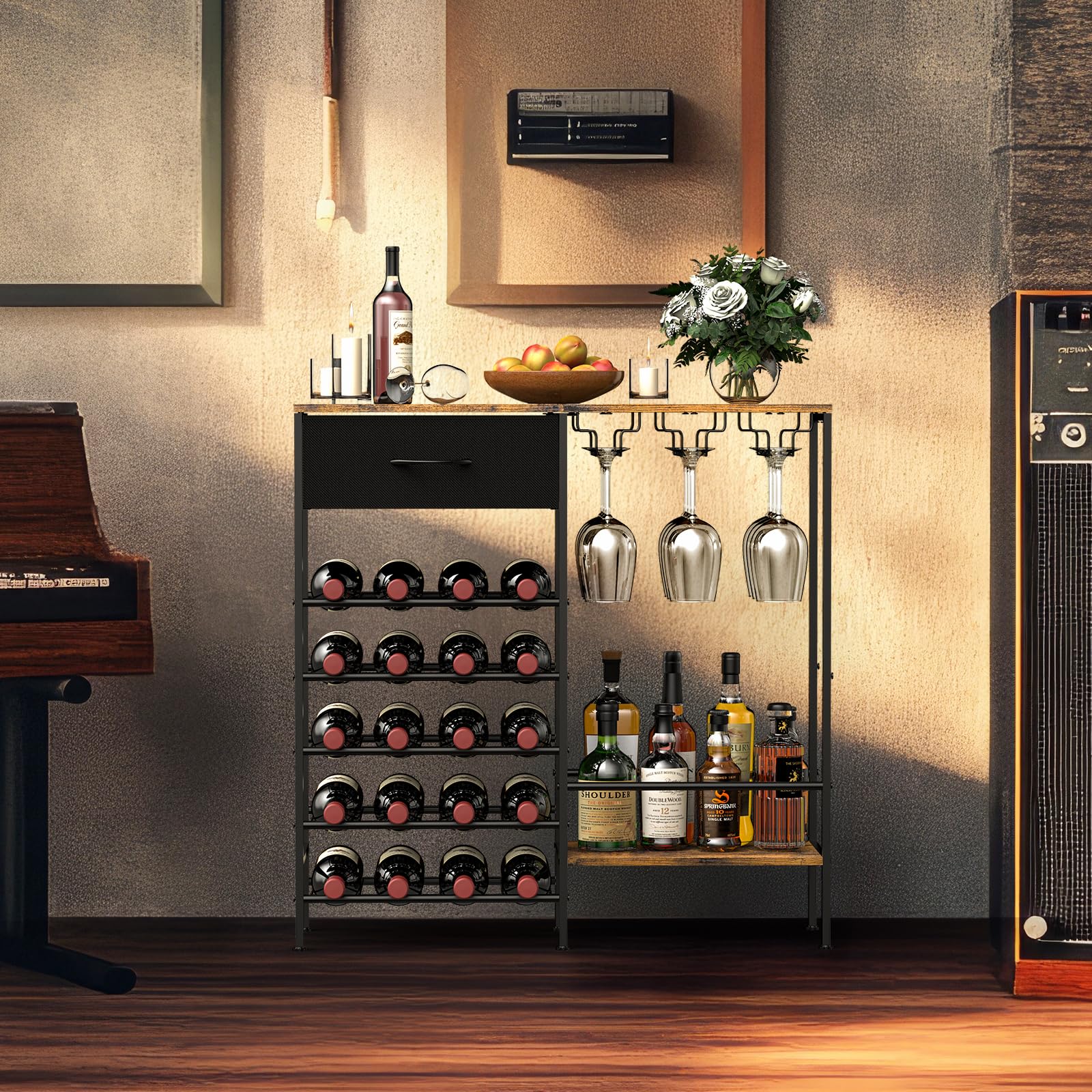 MOOACE Wine Rack Freestanding Floor, Wine Bar Cabinet with Wine Storage and Glass Holder, Mini Home Bar for Liquor Cabinet, Coffee Bar Storage for Kitchen, Dining Room, Living Room
