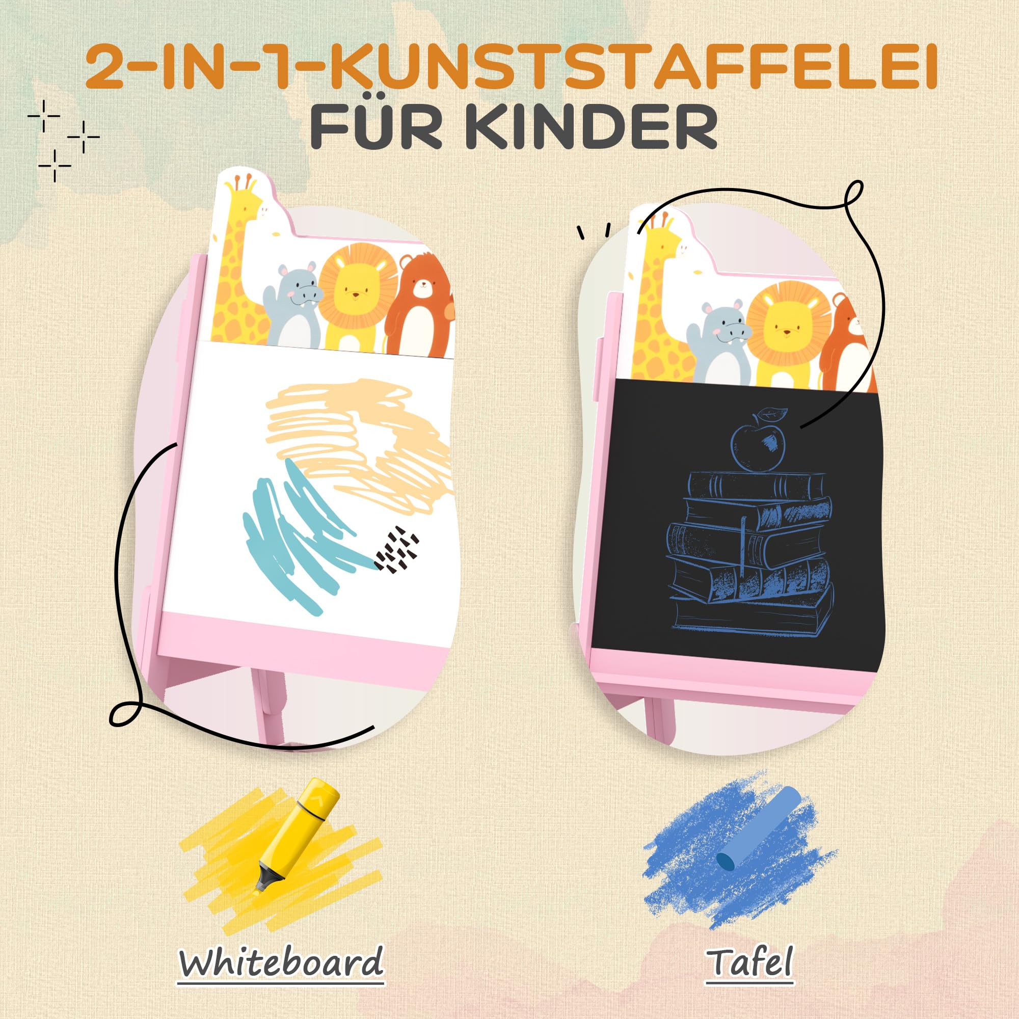 AIYAPLAY 2-in-1 Kindertafel, doppelseitige Kinder Staffelei, Staffelei mit Kreidetafel, Whiteboard, Aufbewahrungsboxen, für Kinder 3-8 Jahre, Rosa