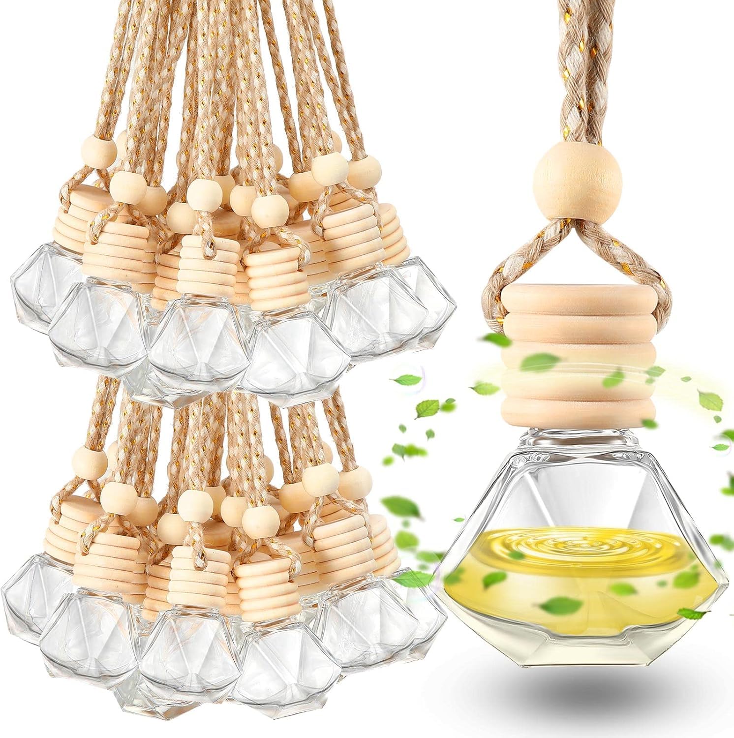 Nibbler Hanging Car Air Freshener Diffuser Bottles Empty Glass Perfume Diffuser Vials Refillable Oil Aromatherapy Pendant with Wooden Caps and Hanging String for Car Home Office Decor(Diamond) (15)-image-8
