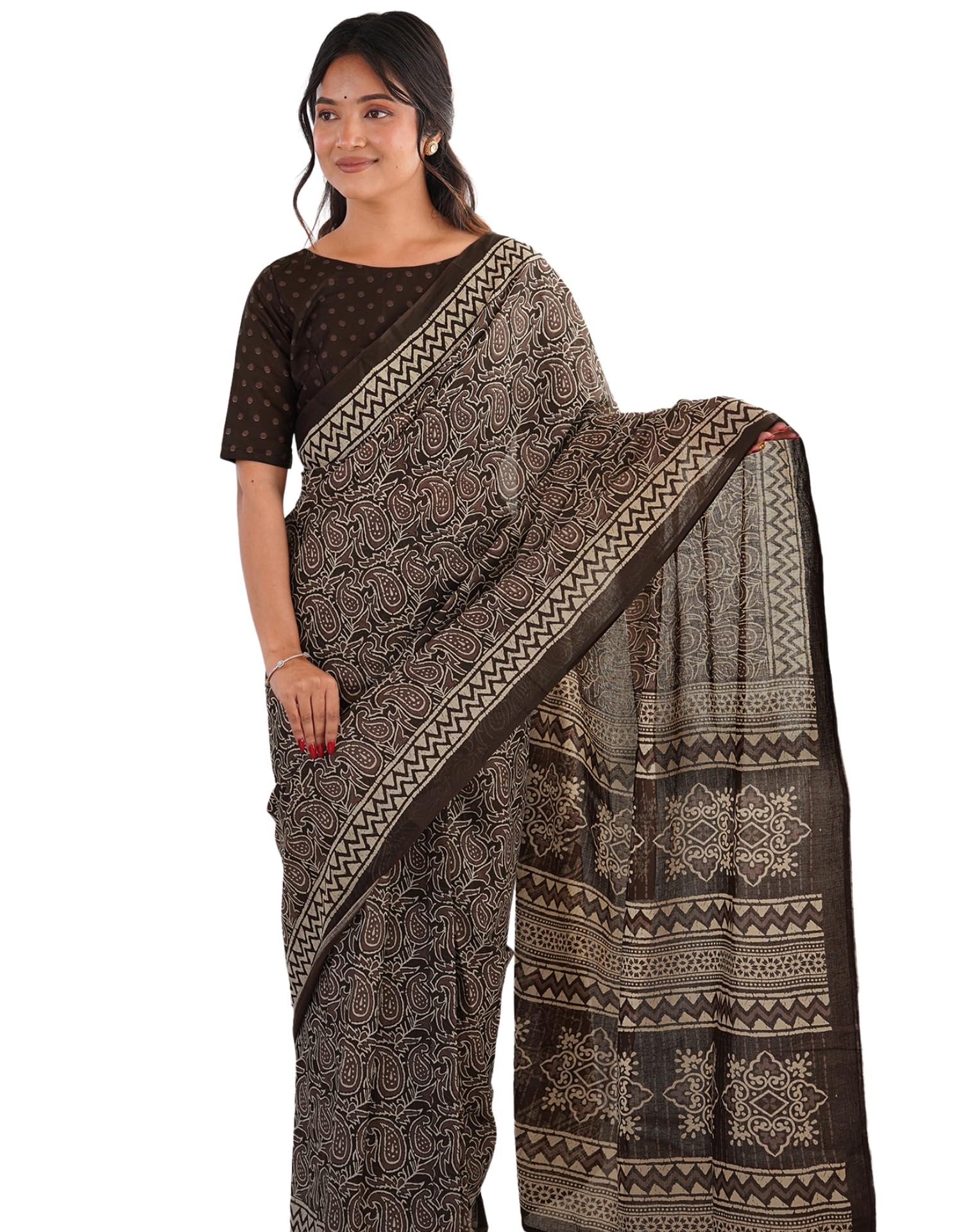 siril Printed Cotton Saree, One Minute Saree Ready to Wear with Unstitched Blouse Piece-picture-38