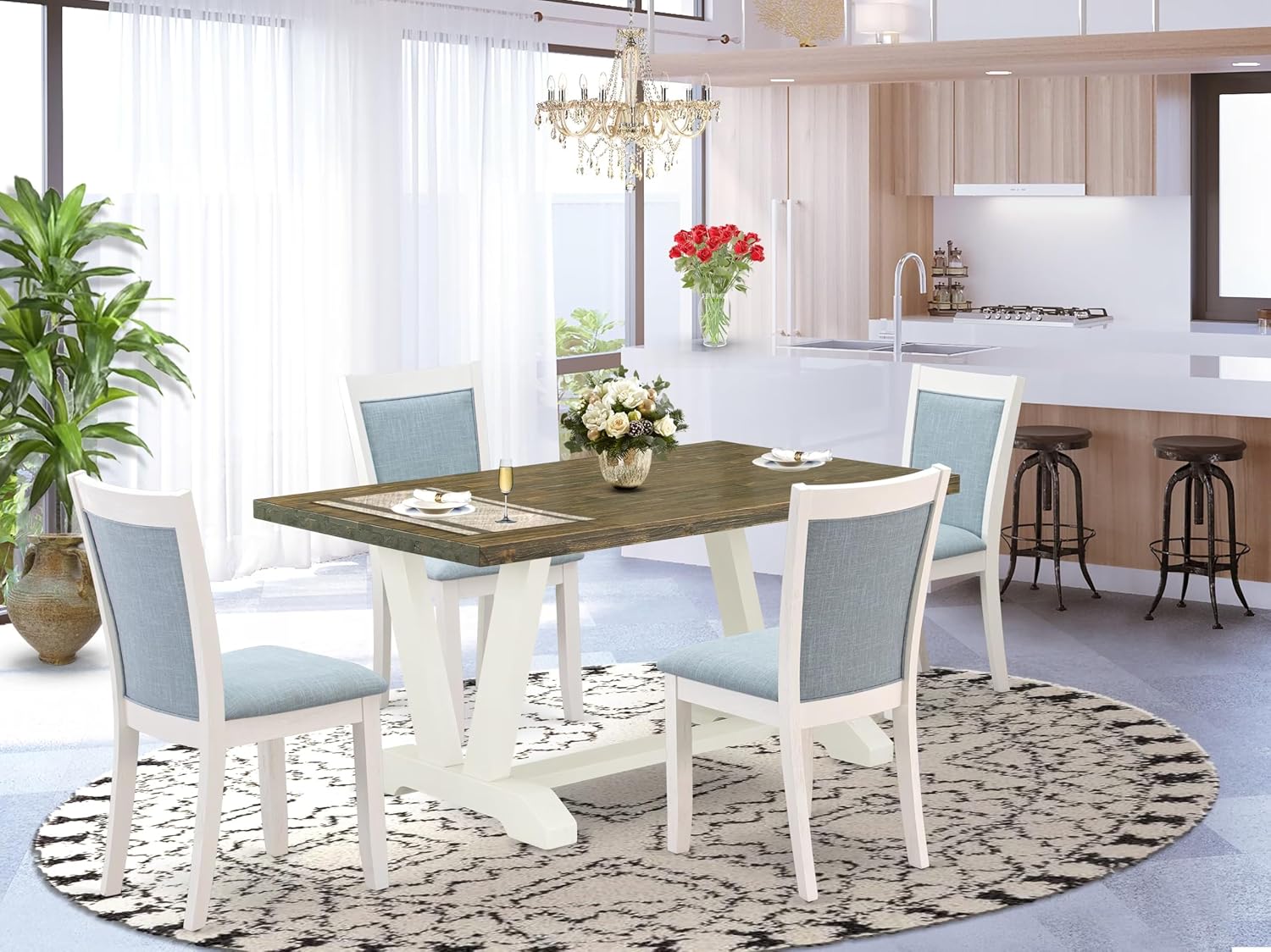 East West Furniture V076MZ015-5 5 Piece Dining Set Includes a Rectangle Dining Room Table with V-Legs and 4 Baby Blue Linen Fabric Upholstered Parson Chairs, 36x60 Inch, Multi-Color