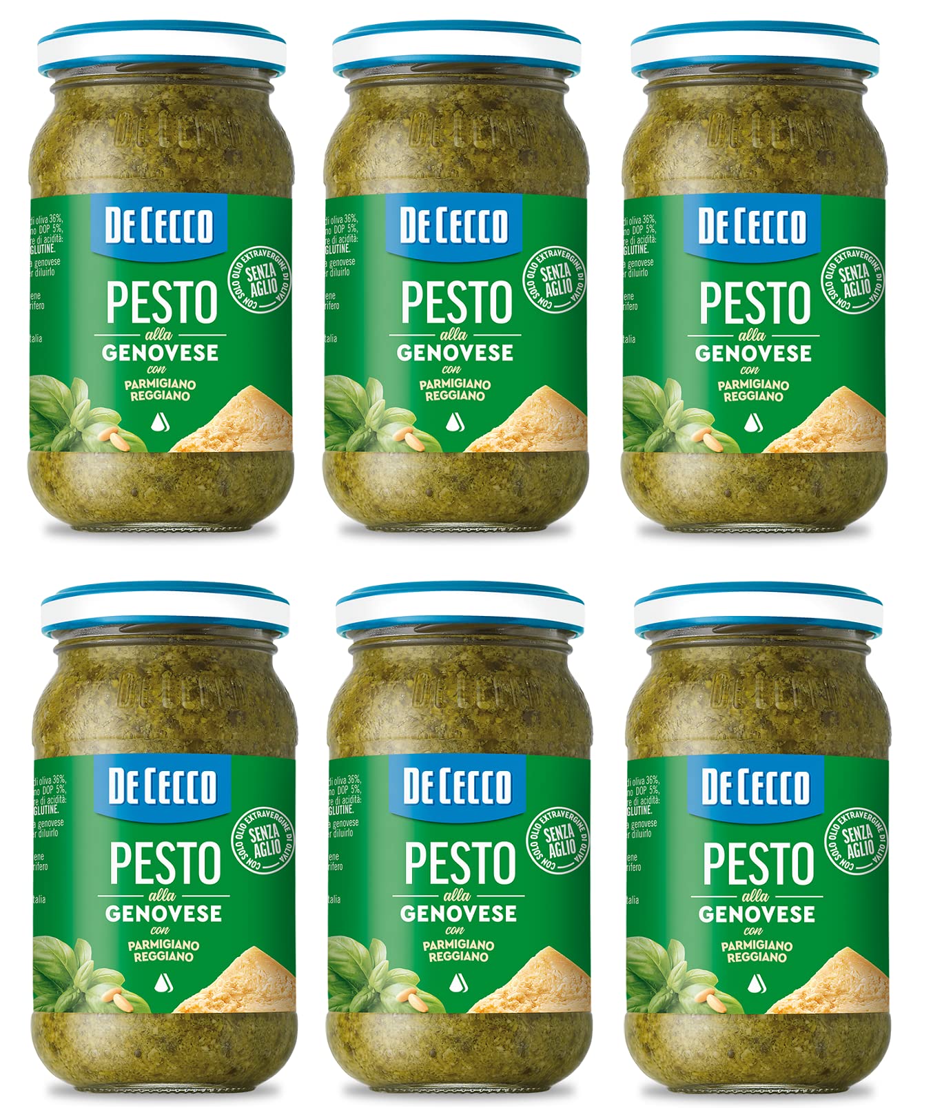 6x De Cecco Pesto alla Genovese con Parmigiano Reggiano senza aglio Pesto au basilic frais, Parmigiano Reggiano sans ail 190g Sauce italienne