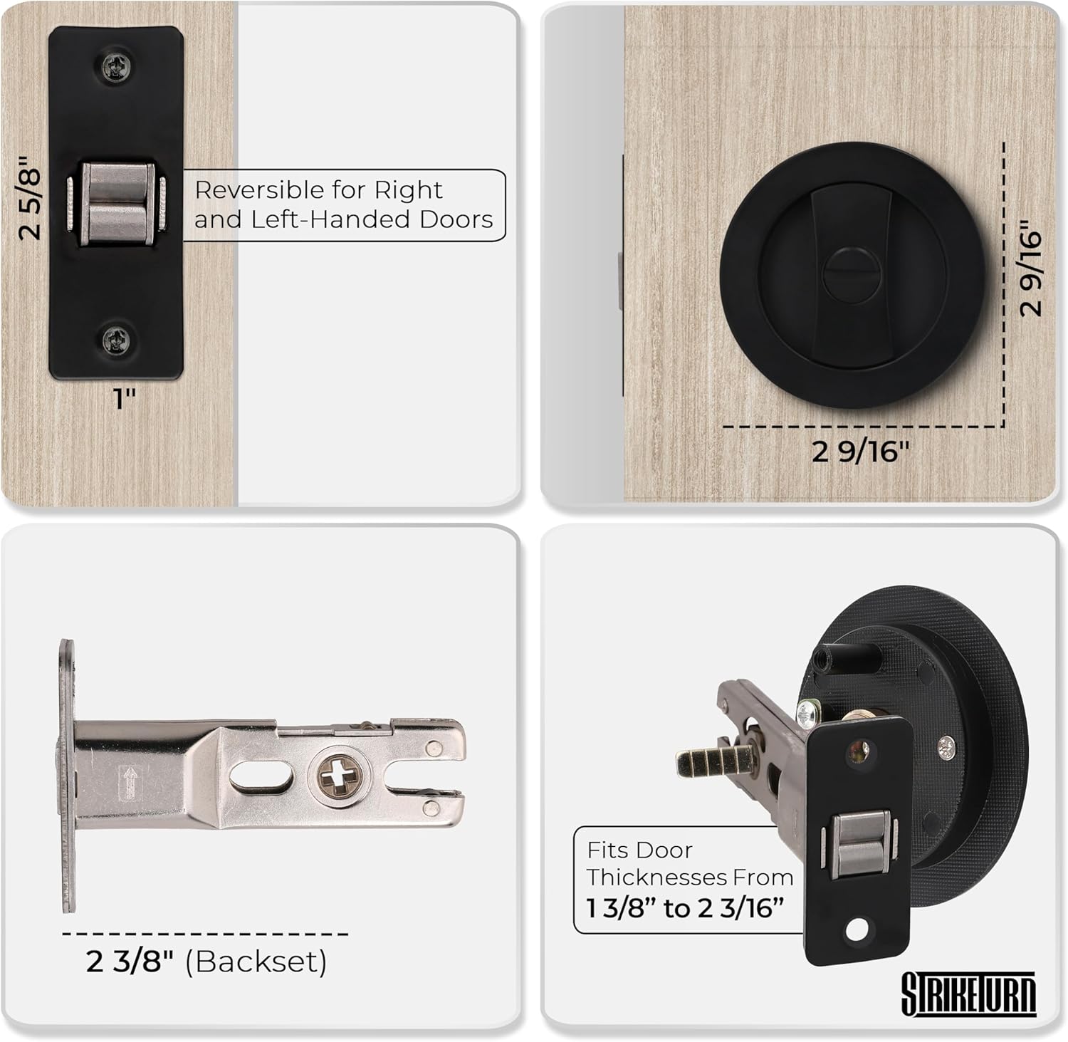 Premium Black Pocket Door Hardware - Round Pocket Door Lock - Ergonomic Matte Black Door Handle with Pocket Door Pull - Reversible Pocket Door Latch for Safety