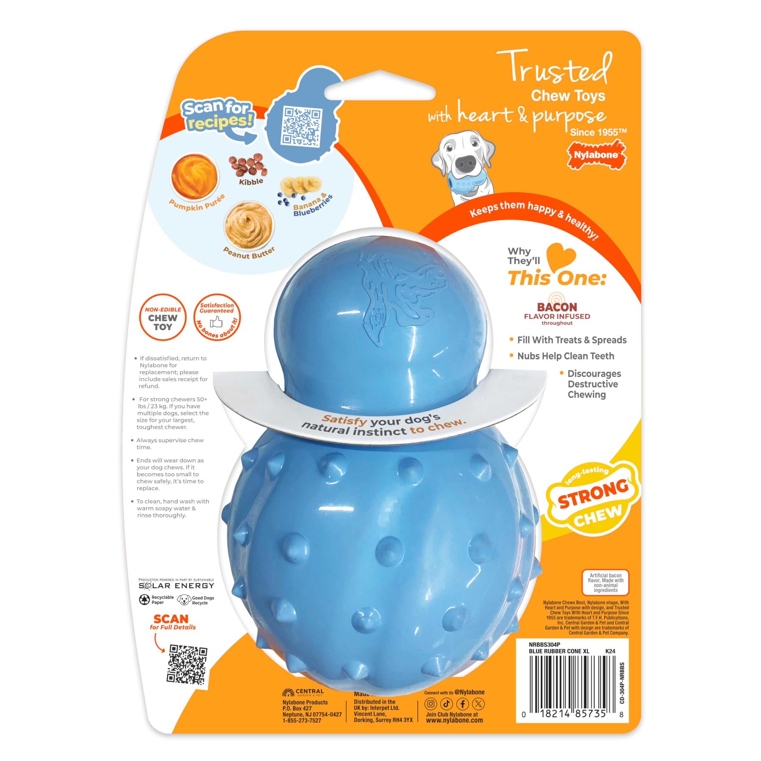 Nylabone Treatin' Cone Starkes füllbares Kauspielzeug für Hunde, Naturkautschuk, befüllbares Leckerli-Spielzeug, Leckerli-Dosierung, Hundespielzeug, Speckgeschmack, Größe XL, 1 Stück