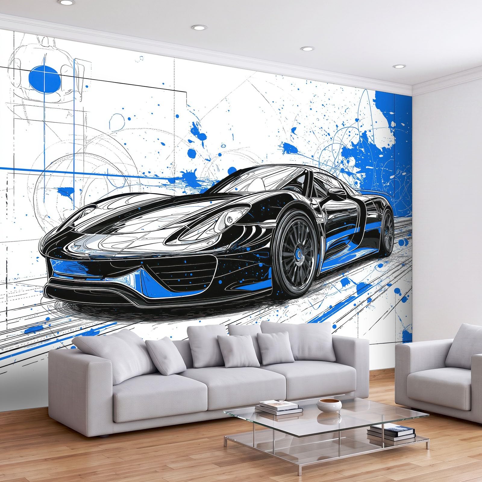 350 x 256 cm, fototapeta z włókniny, na wymiar, fajna, sportowa, linie samochodu, niebieska, fotorealistyczny, druk HD, tapeta na flizelinie, tapeta z motywem, dekoracja ścienna, dekoracja ścienna