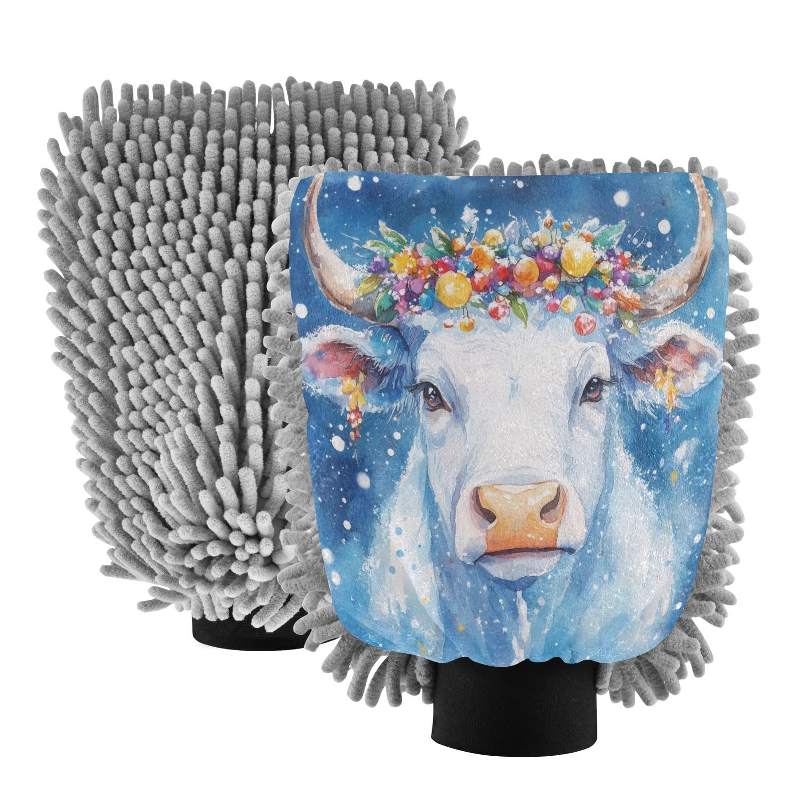 Hezely Watercolor Blue Bull Car Wash Mitt, 2PK Scratch Free Lint-Free for Car Washing and Detailing