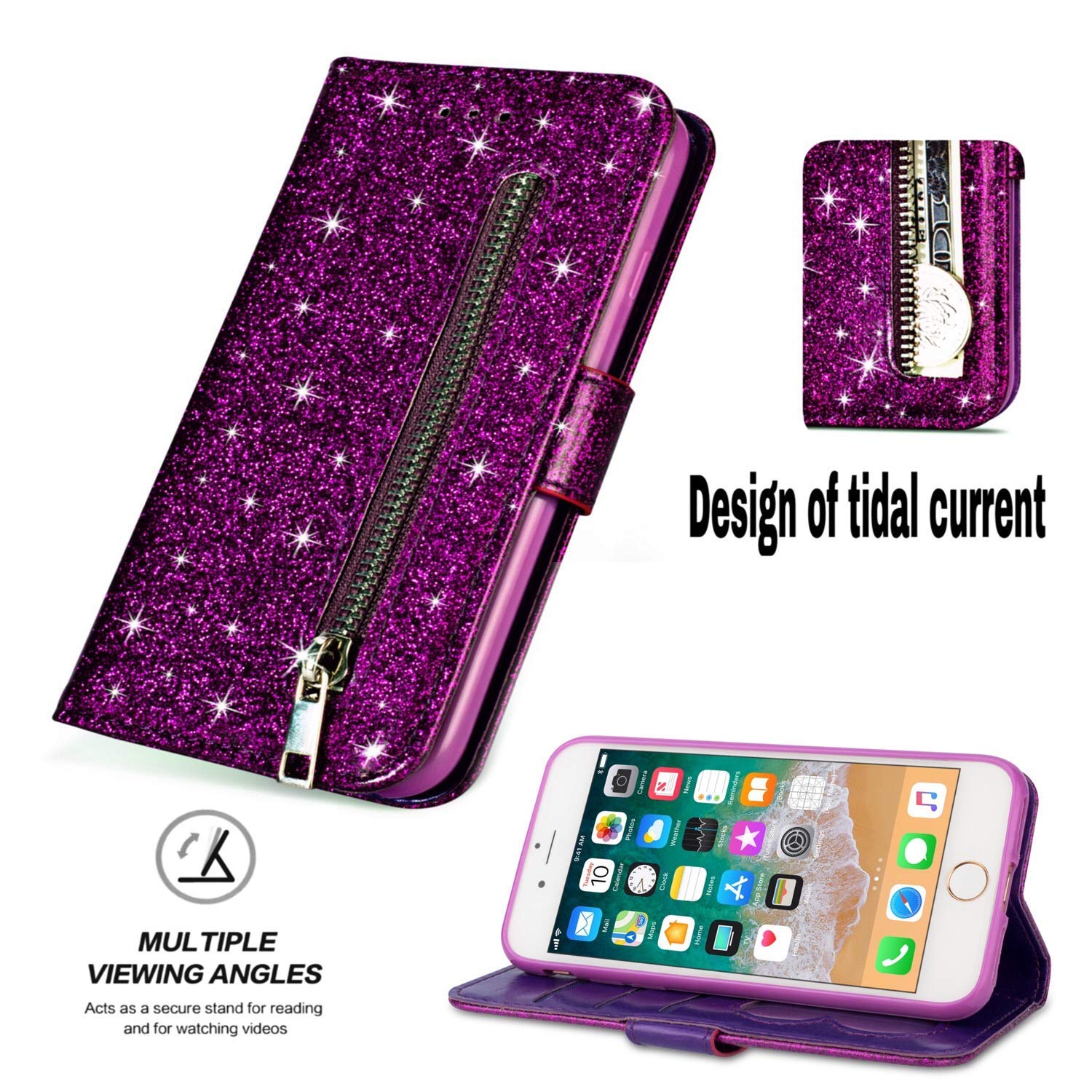 ZCDAYE Custodia A Portafoglio Con Glitter Per IPhone 6 Plus/6S Plus - Argento, Magnetica Con Slot E Cinturino