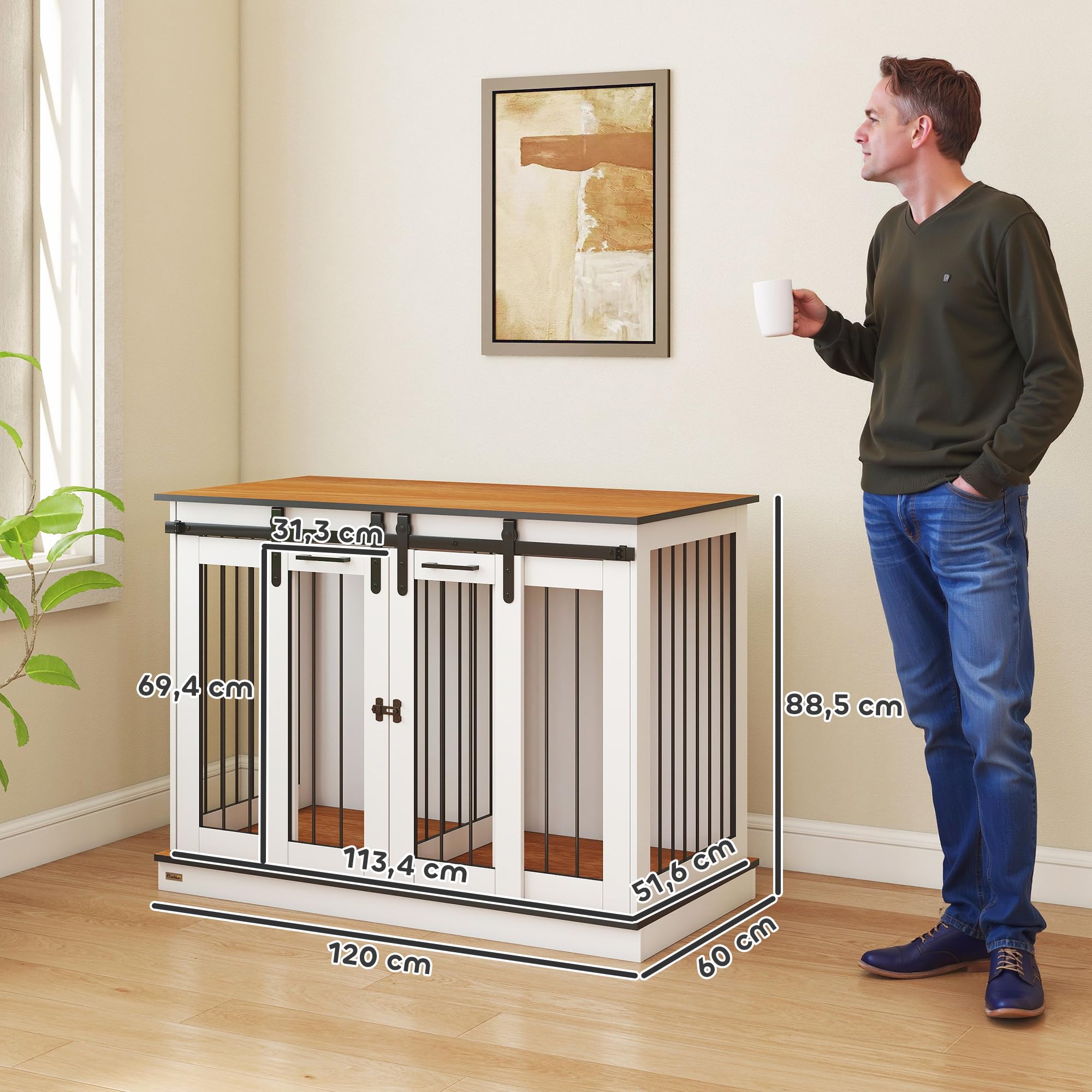 PawHut Hundekäfig Möbel mit Zweiraum-Option, 2 Türen Moderne Metall Hundebox für Zuhause Indoor Hundehütte für große Hunde bis zu 30 kg Hundehaus 120 x 60 x 88,5 cm Weiß