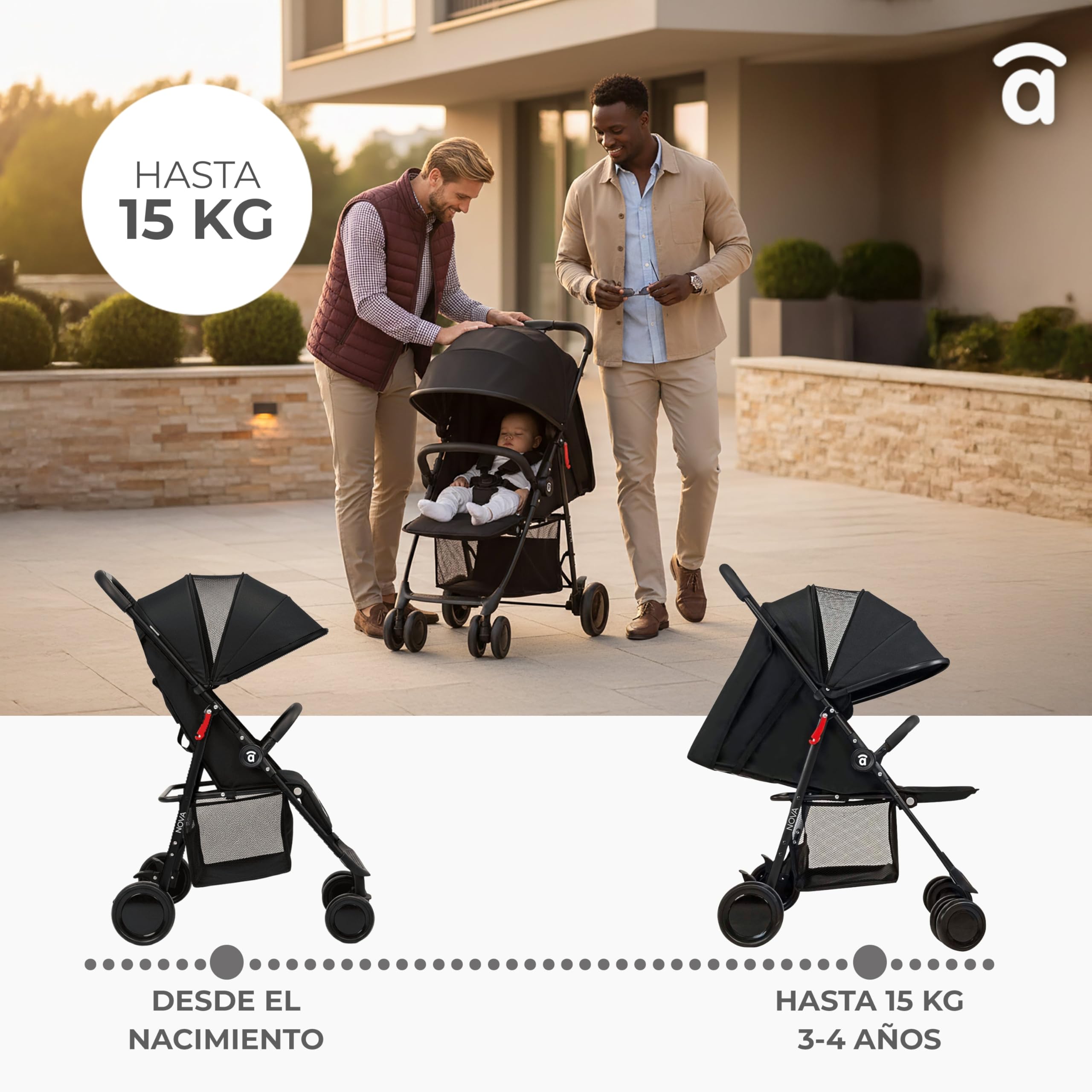 Silla de Paseo Ligera y Compacta para Bebé desde Nacimiento, Carrito Bebé Ultraligero 5,5 kg con Respaldo Reclinable, Capota Extensible, Arnés 5 Puntos y Suspensión – Asalvo NOVA Negro