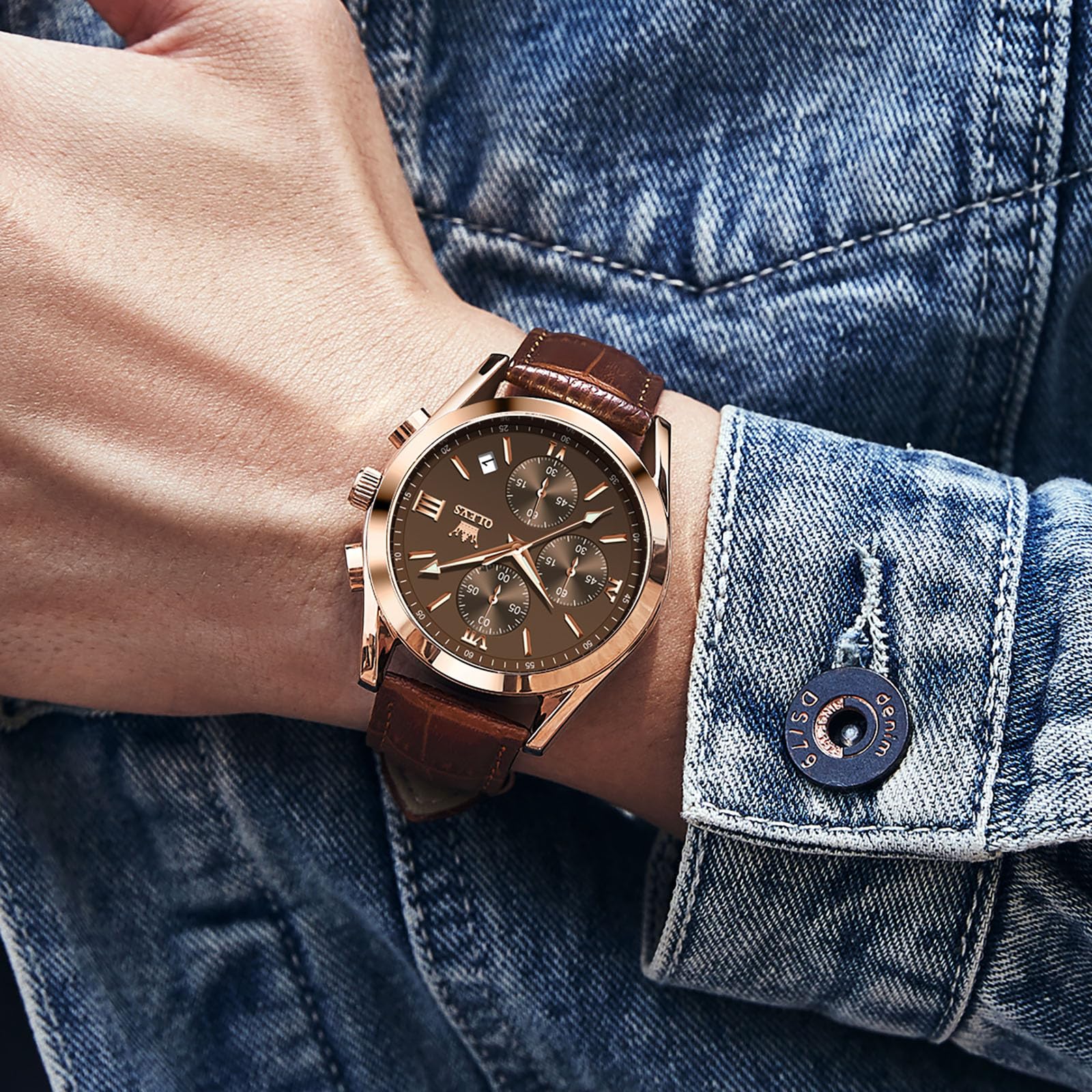 OLEVS Vintage Herrenuhren mit Lederarmband Großes Zifferblatt Armbanduhr Herren Wasserdicht Leuchtende Analog Kleid Uhren Herren mit Datumsanzeige
