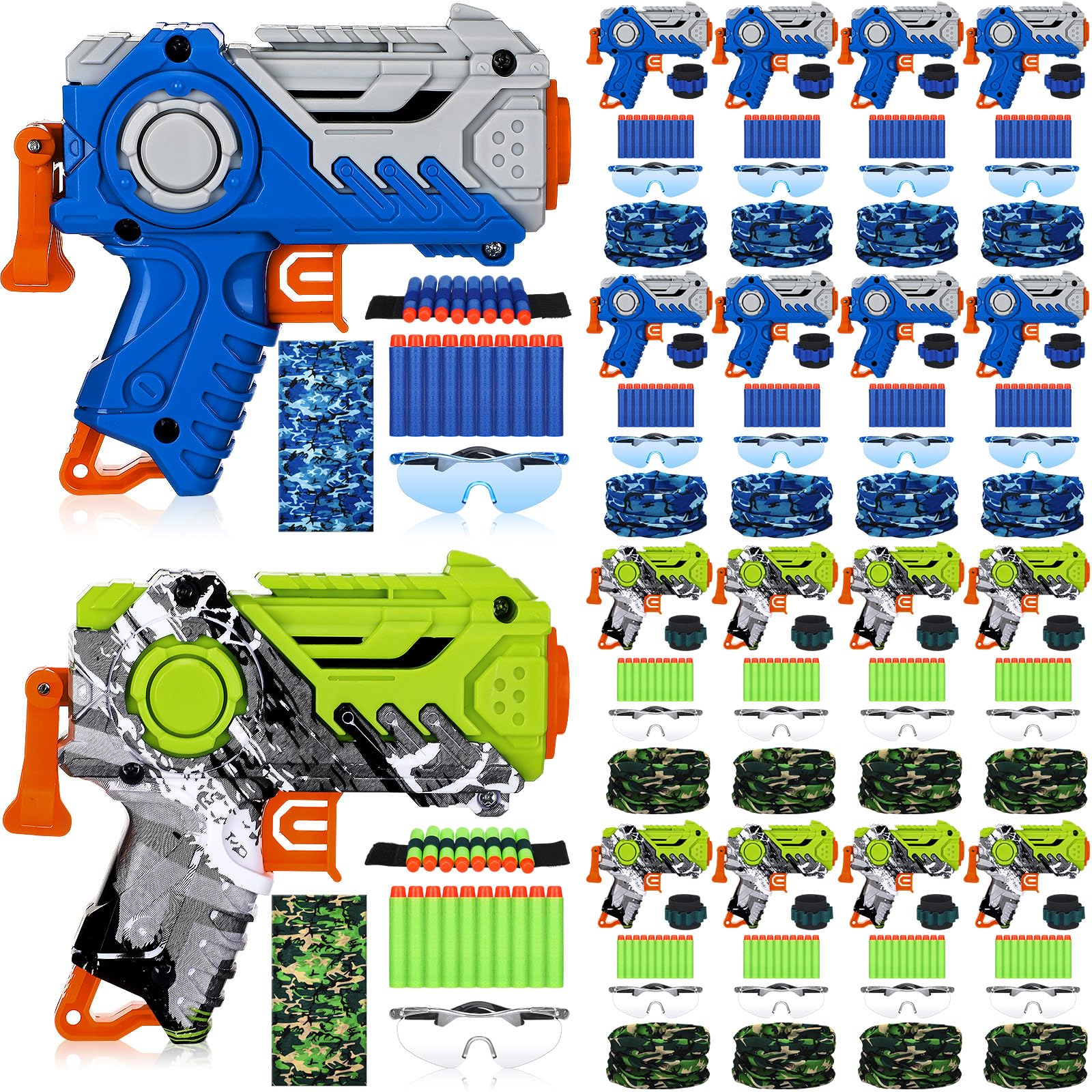 Photo 1 of Seenelling 16 Set Tactical Party Supplies Gun Themed Party Favors Kit Included Toy Guns, Wrist Belt Band, Foam Bullets, Safety Glasses, Face Mask Birthday Gift (Blue,Green)
