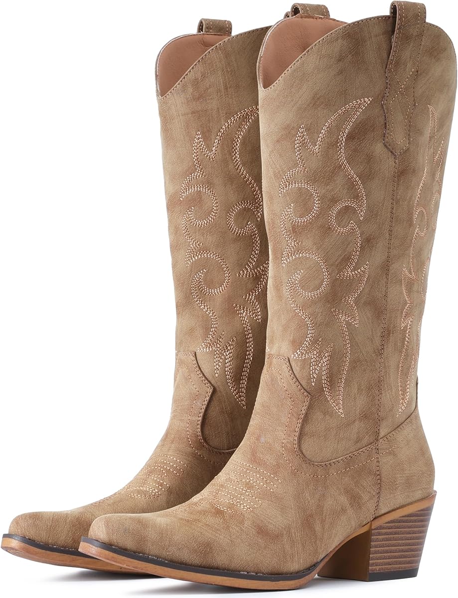 Amazon.com | IUV Cowboy Boots For Women Western Cowgirl Boots Mid Calf Snip Toe Boot With Chunky Heel | Mid-Calf