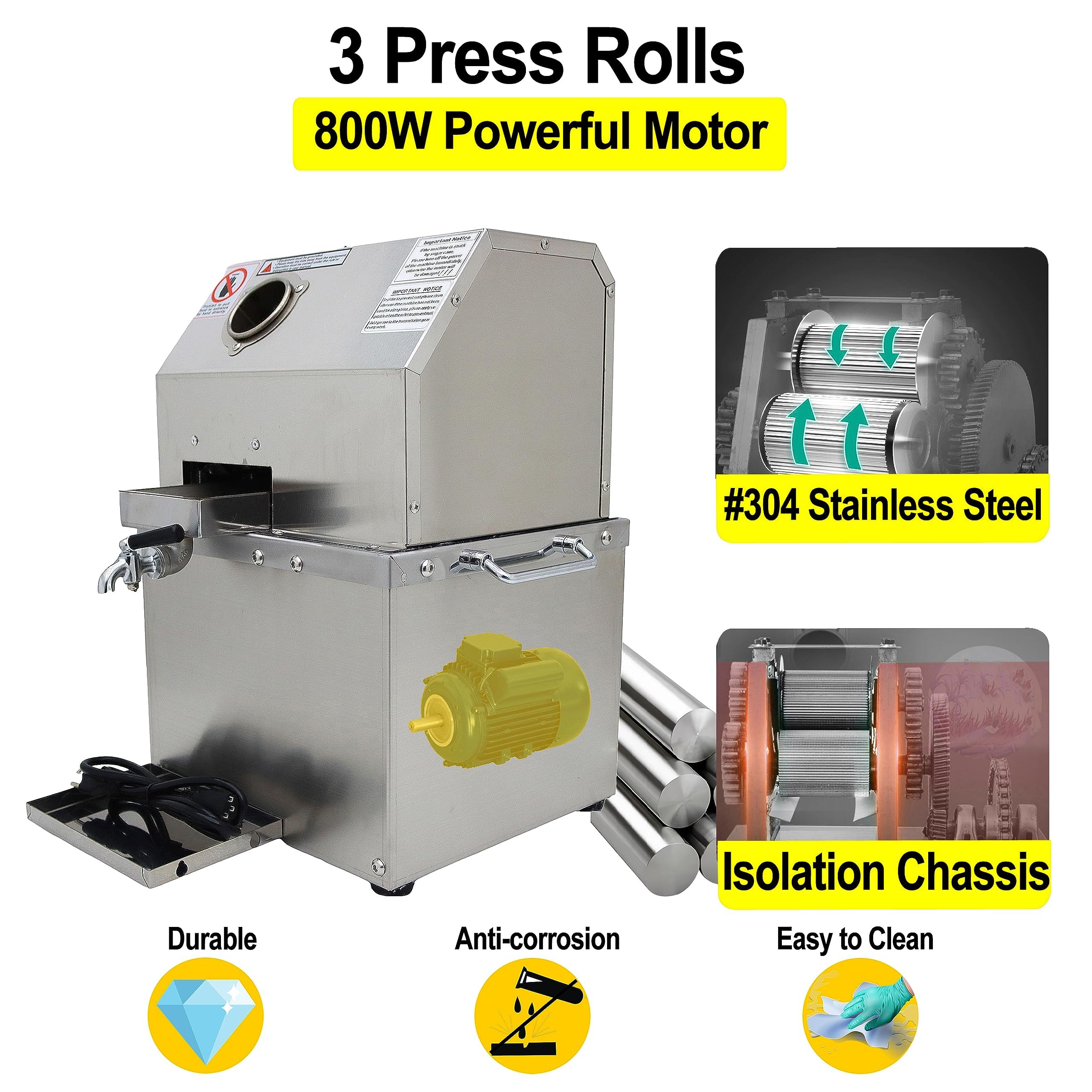 TECHTONGDA 110V 800W Electric Sugar Cane Juicer Machine 3 Rolls Sugarcane Juice Extractor Squeezer 3 Stainless Steel Rollers for Commercial 2 Peeling Knives 660 LBSH product thumbnail 4